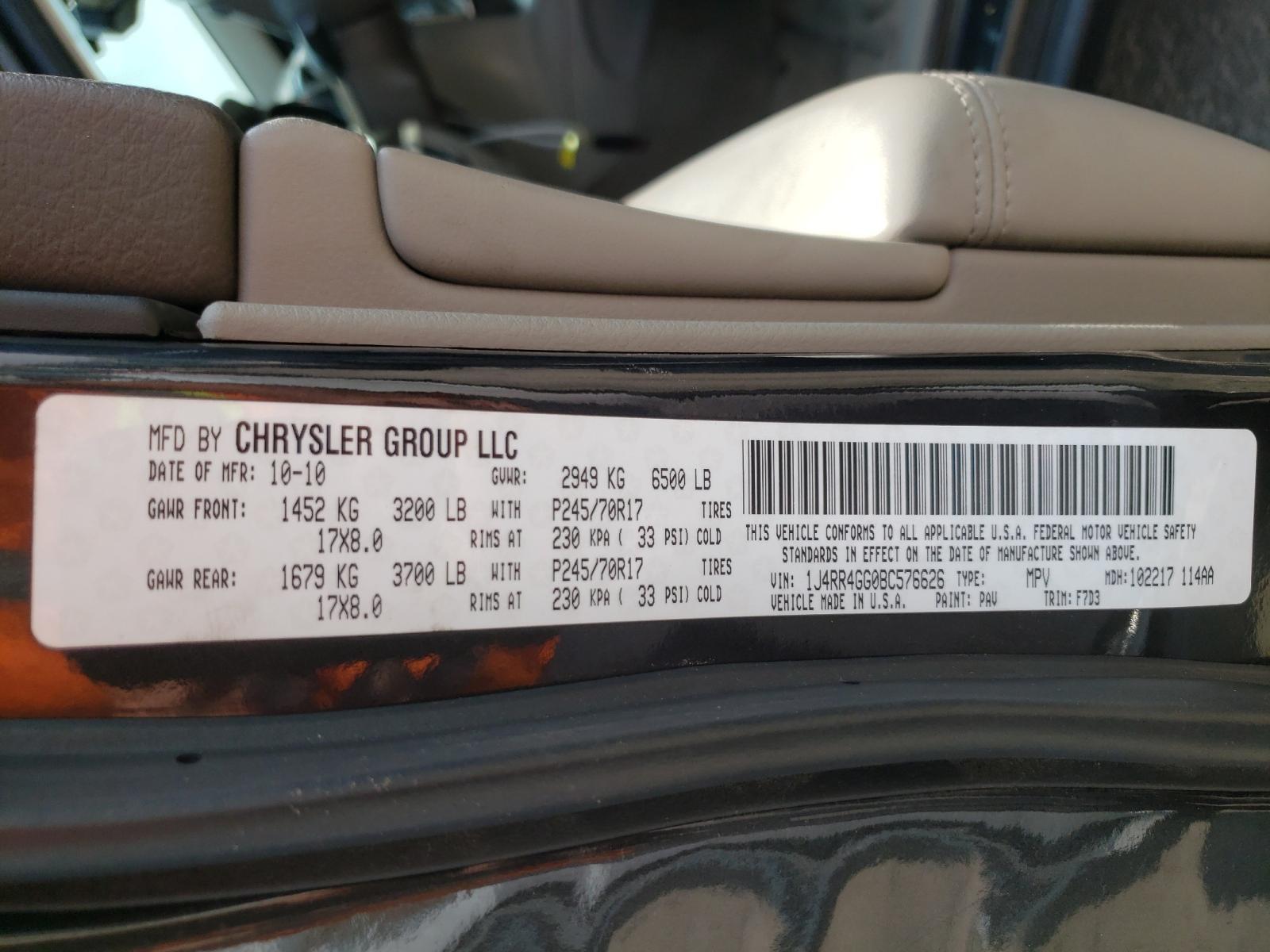 Photo 10 from auction – 2011 JEEP GRAND CHER with VIN 1J4RR4GG0BC576626