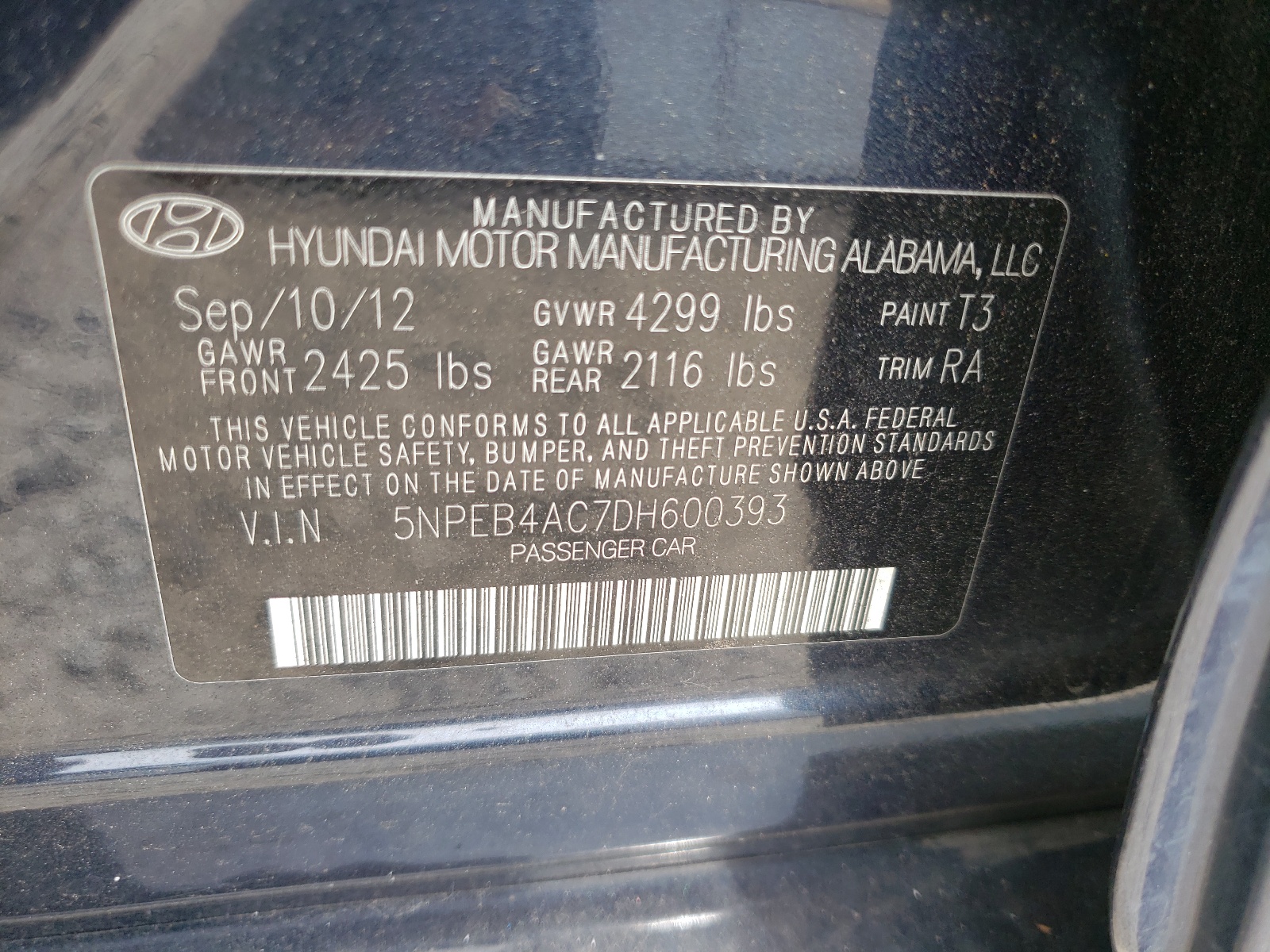 Photo 10 from auction – 2013 HYUNDAI SONATA GLS with VIN 5NPEB4AC7DH600393