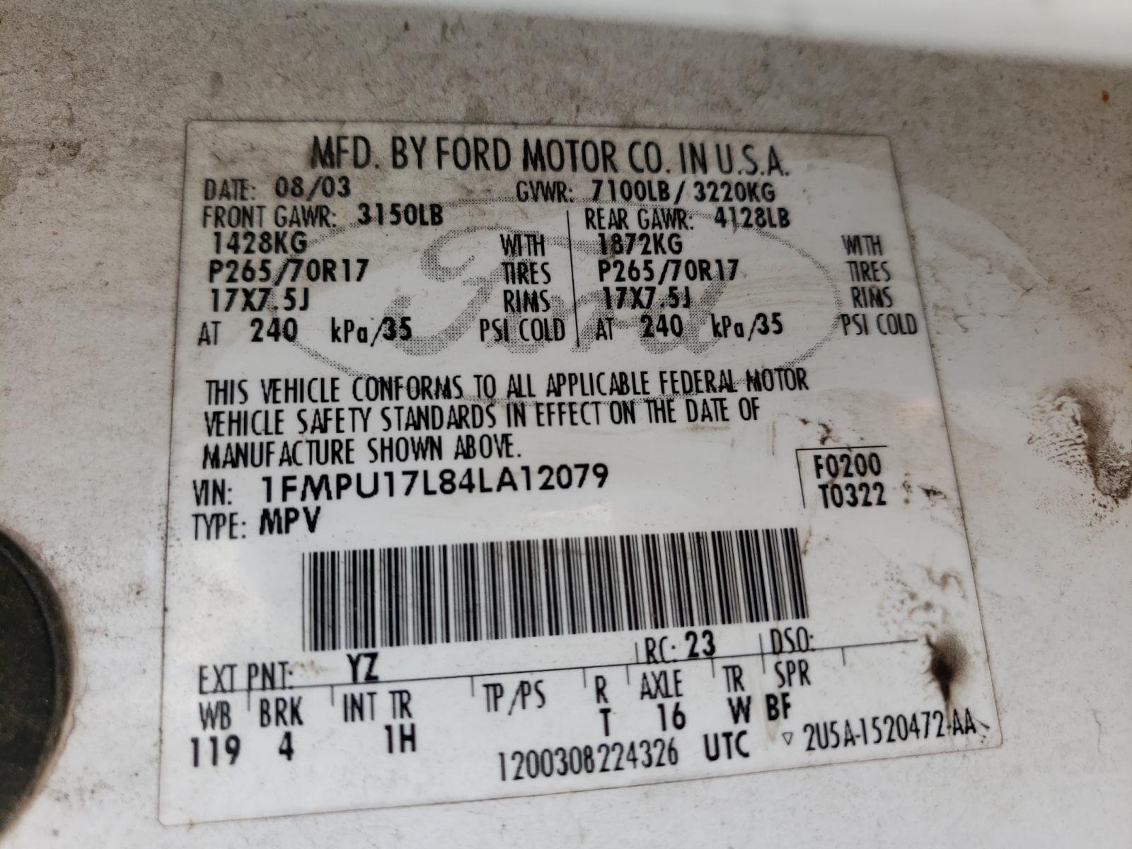 Photo 10 from auction – 2004 FORD EXPEDITION with VIN 1FMPU17L84LA12079