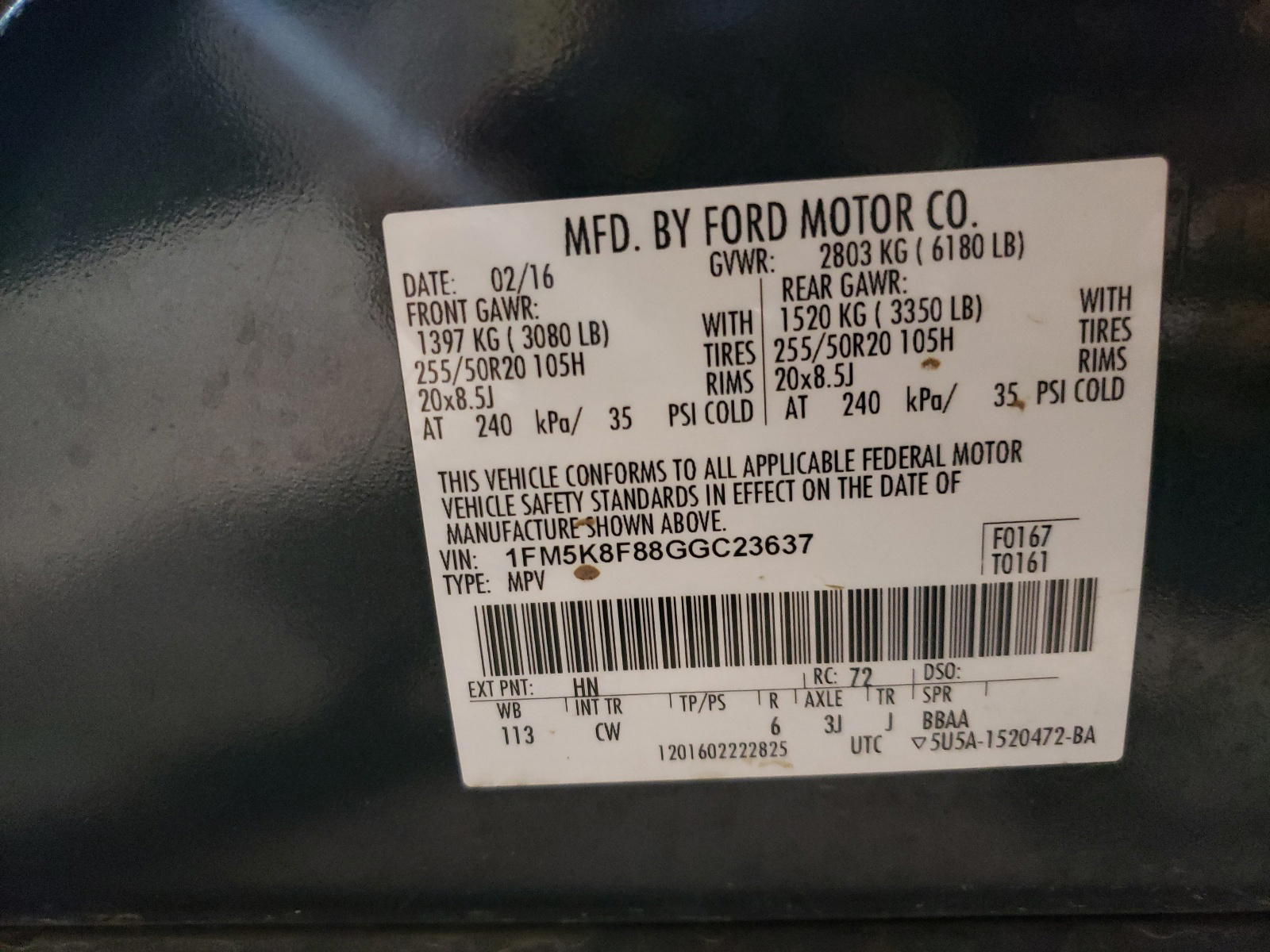 Photo 10 from auction – 2016 FORD EXPLORER L with VIN 1FM5K8F88GGC23637