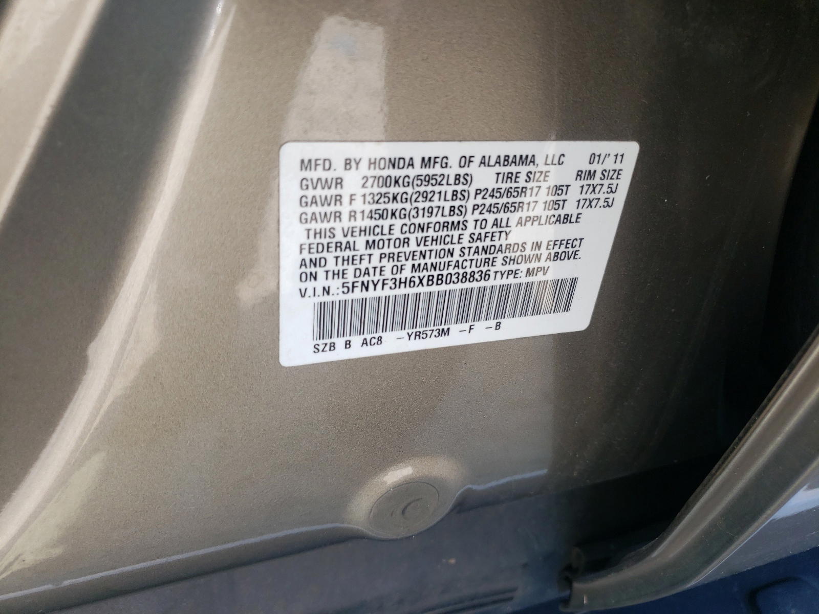 Photo 10 from auction – 2011 HONDA PILOT EXL with VIN 5FNYF3H6XBB038836