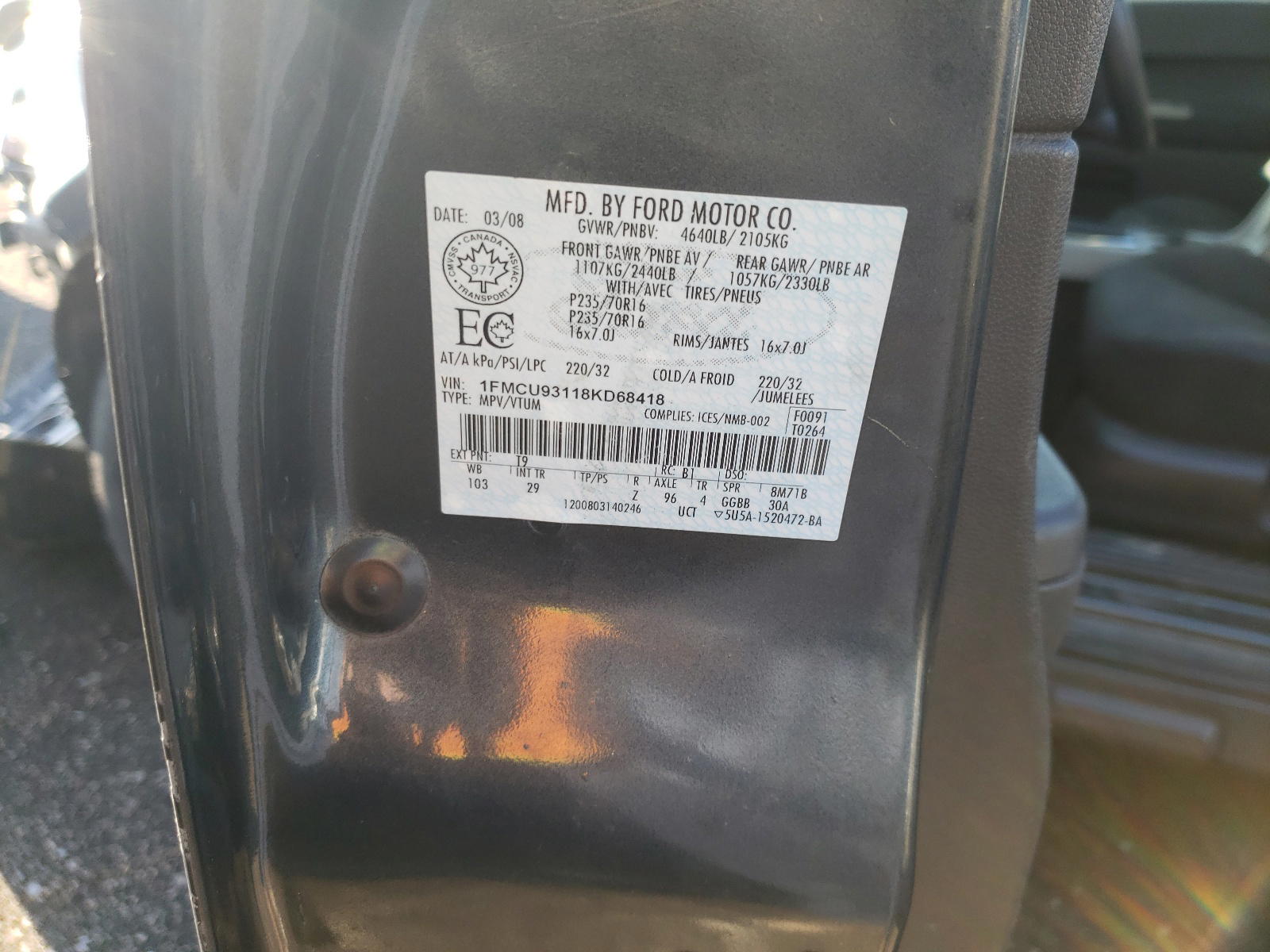 Photo 10 from auction – 2008 FORD ESCAPE XLT with VIN 1FMCU93118KD68418