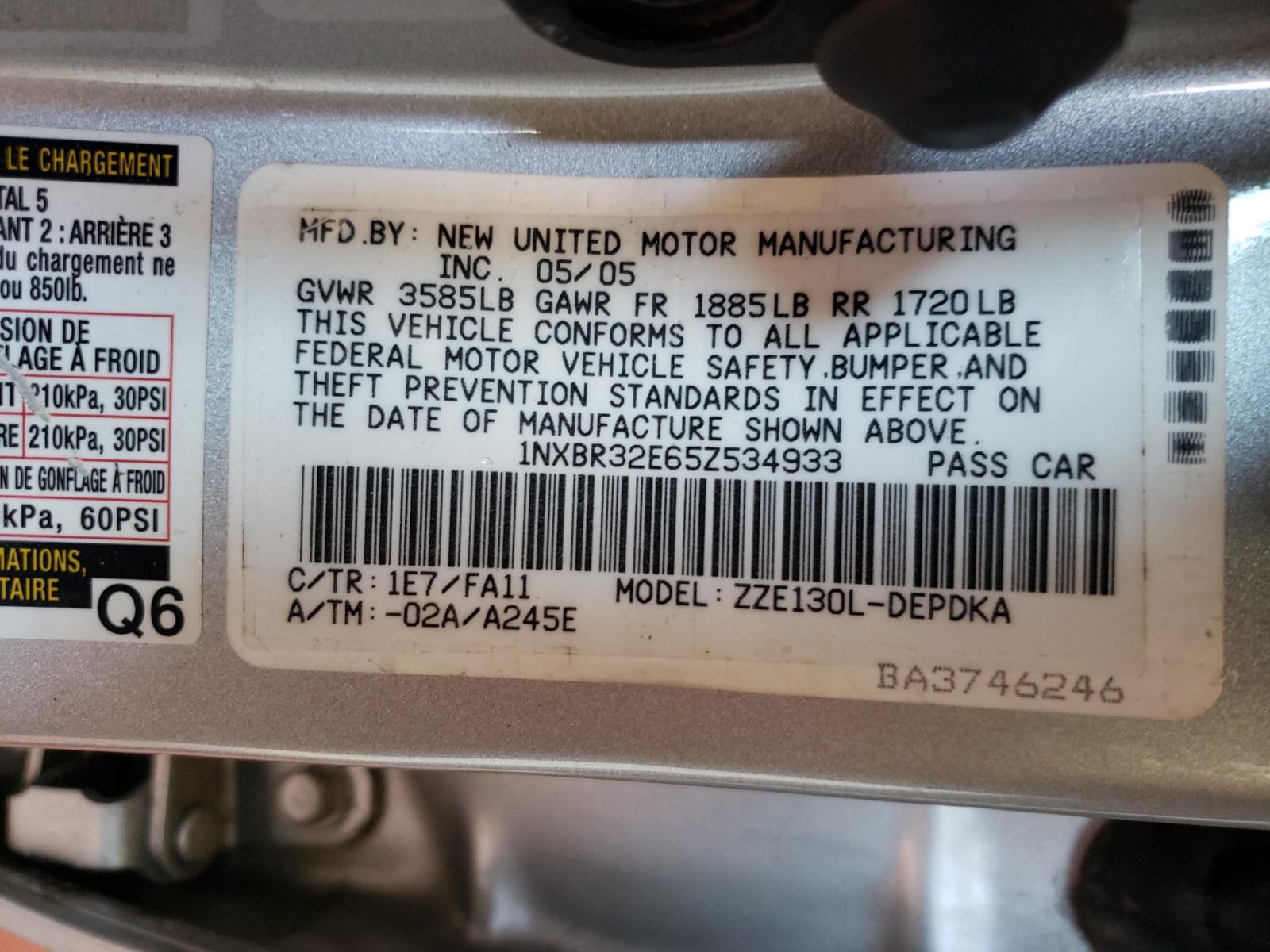 Photo 10 from auction – 2005 TOYOTA COROLLA CE with VIN 1NXBR32E65Z534933