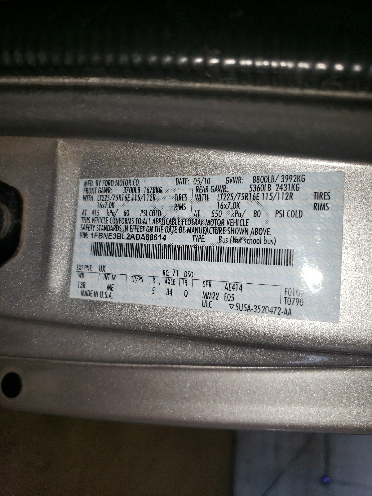 Photo 10 from auction – 2010 FORD ECONOLINE with VIN 1FBNE3BL2ADA88614