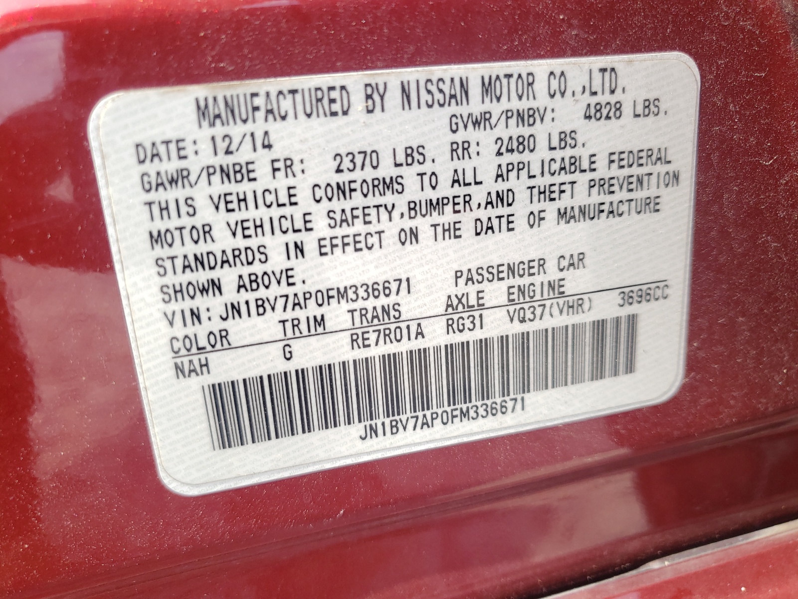 Photo 10 from auction – 2015 INFINITI Q50 BASE with VIN JN1BV7AP0FM336671