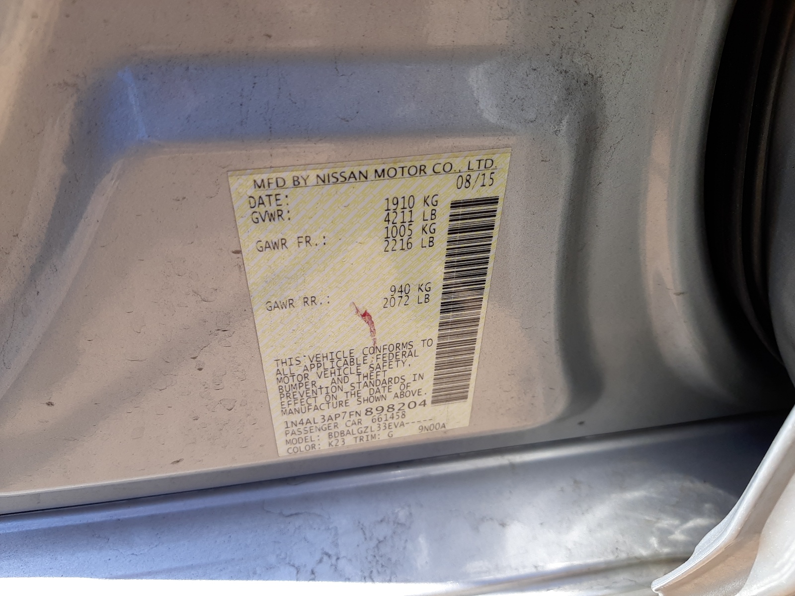 Photo 10 from auction – 2015 NISSAN ALTIMA 2.5 with VIN 1N4AL3AP7FN898204