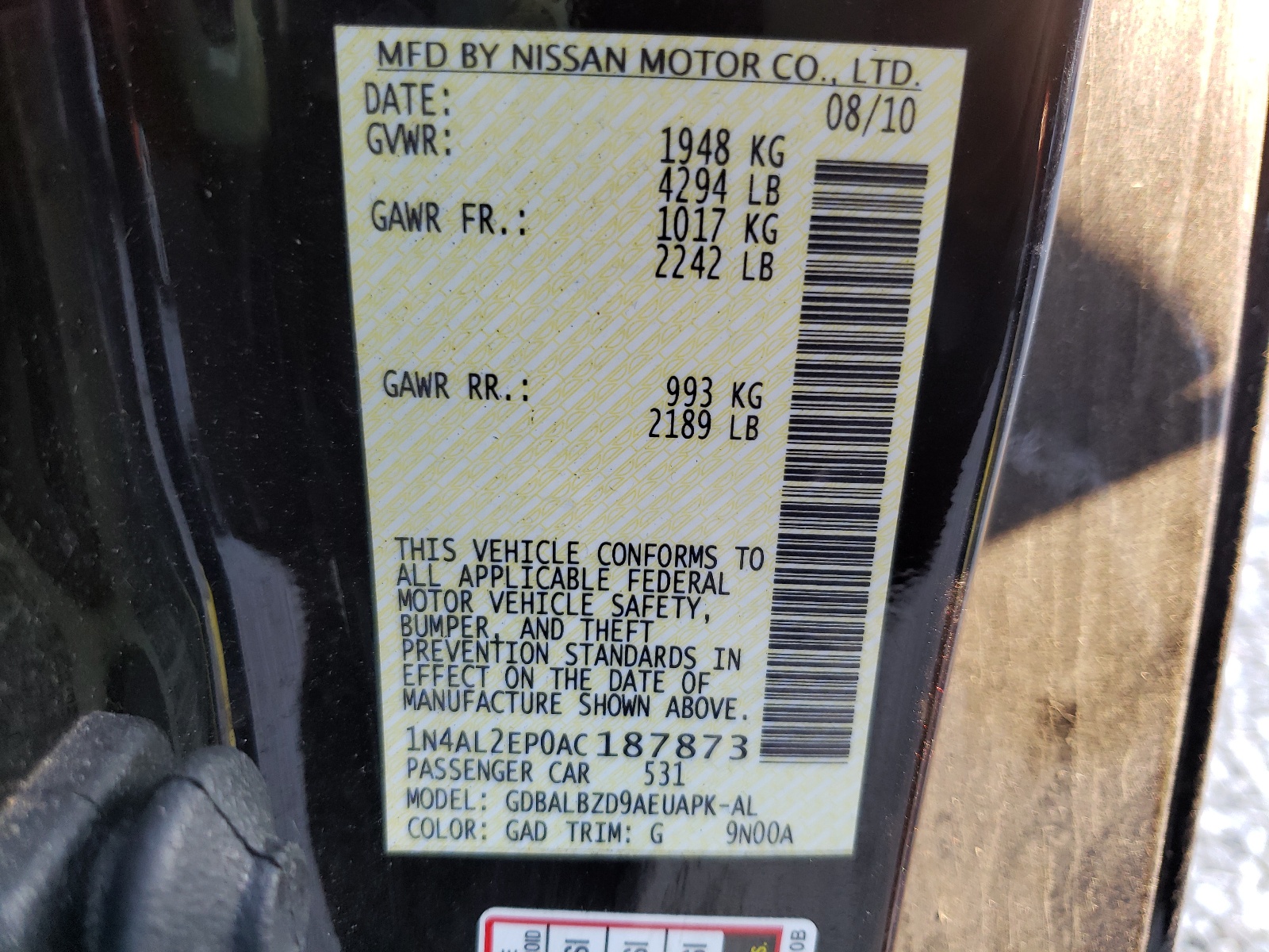 Photo 10 from auction – 2010 NISSAN ALTIMA S with VIN 1N4AL2EP0AC187873