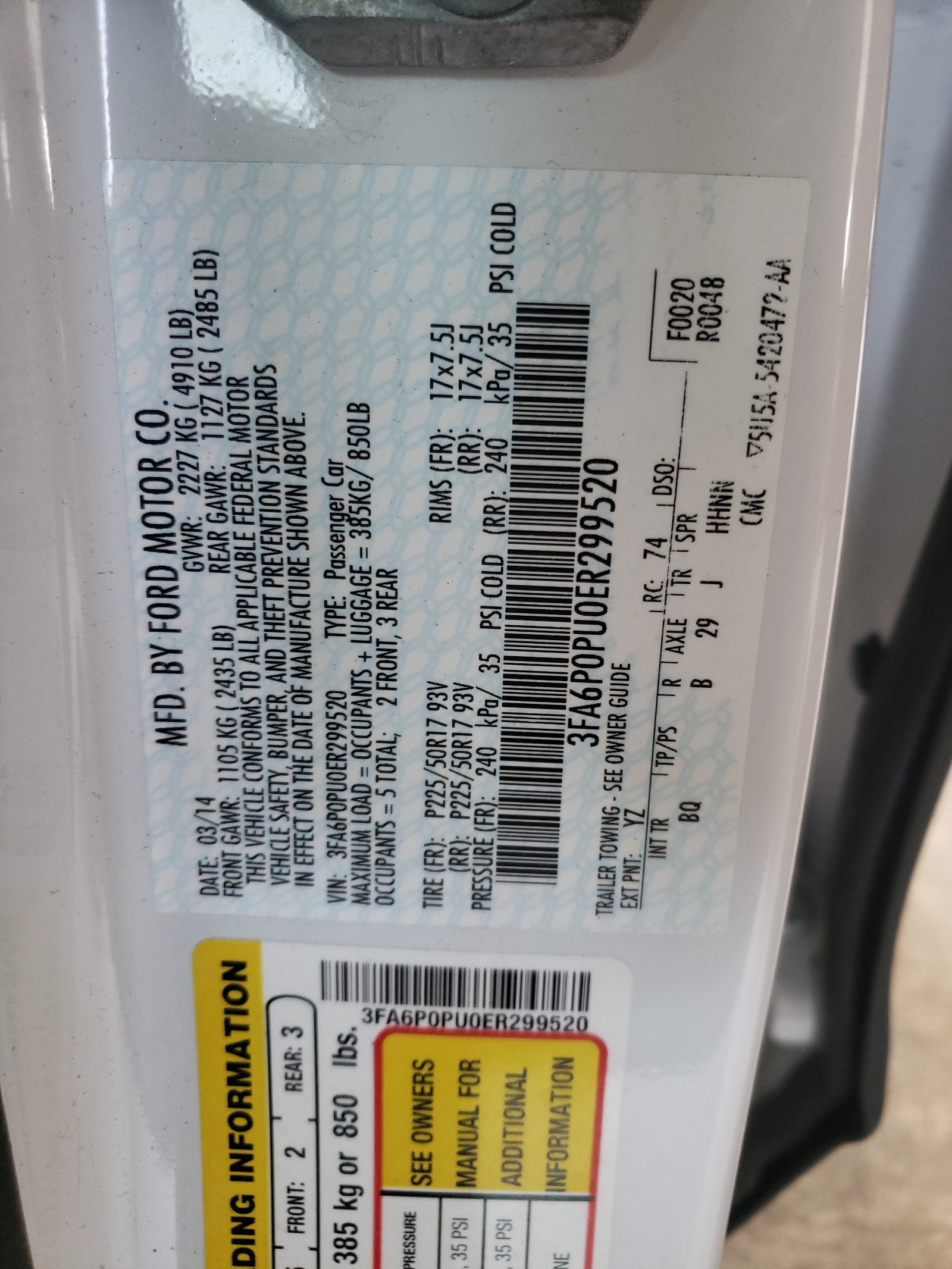 Photo 10 from auction – 2014 FORD FUSION SE with VIN 3FA6P0PU0ER299520