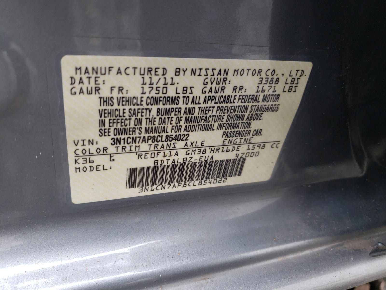Photo 10 from auction – 2012 NISSAN VERSA S with VIN 3N1CN7AP8CL854022