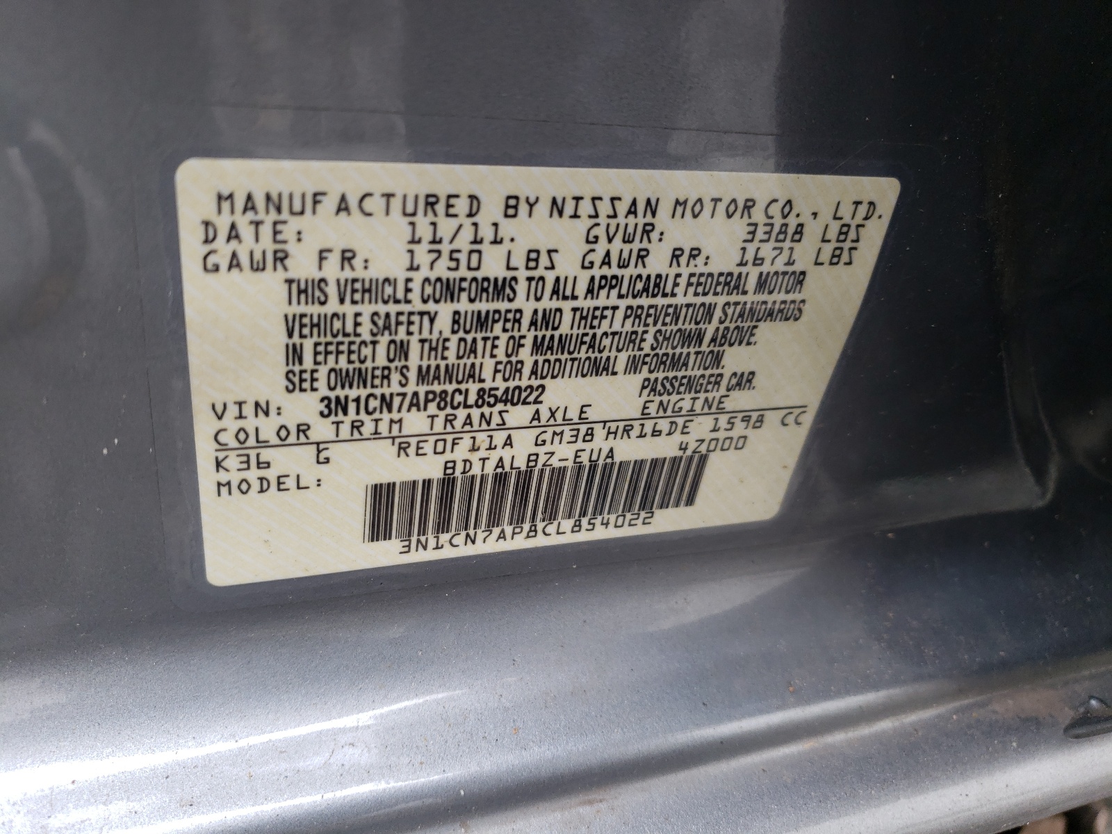 Zdjęcie 10 z aukcji – 2012 NISSAN VERSA S z VIN 3N1CN7AP8CL854022