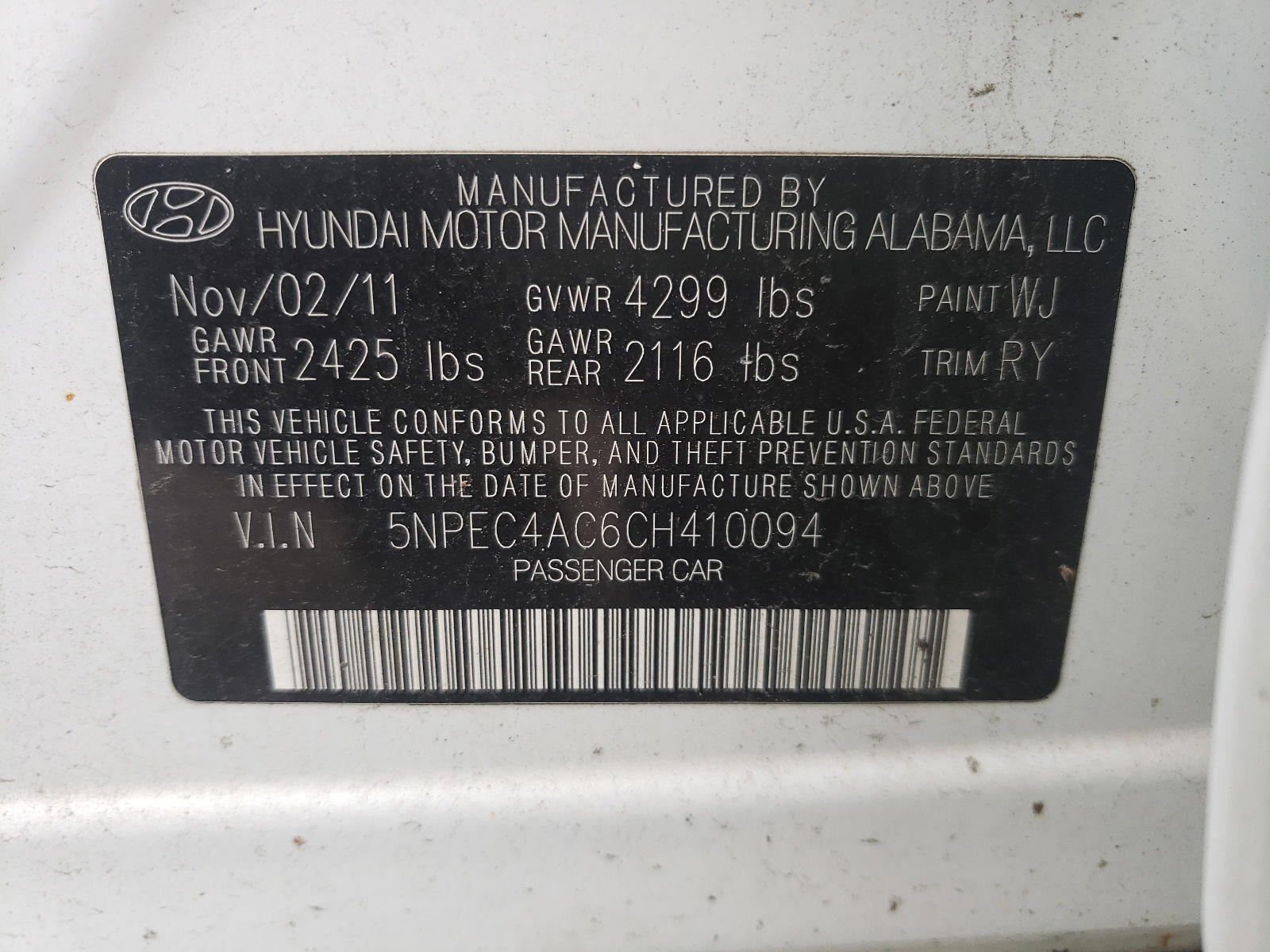 Photo 10 from auction – 2012 HYUNDAI SONATA SE with VIN 5NPEC4AC6CH410094