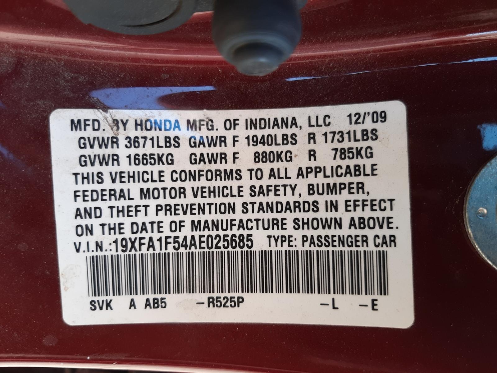 Photo 10 from auction – 2010 HONDA CIVIC with VIN 19XFA1F54AE025685