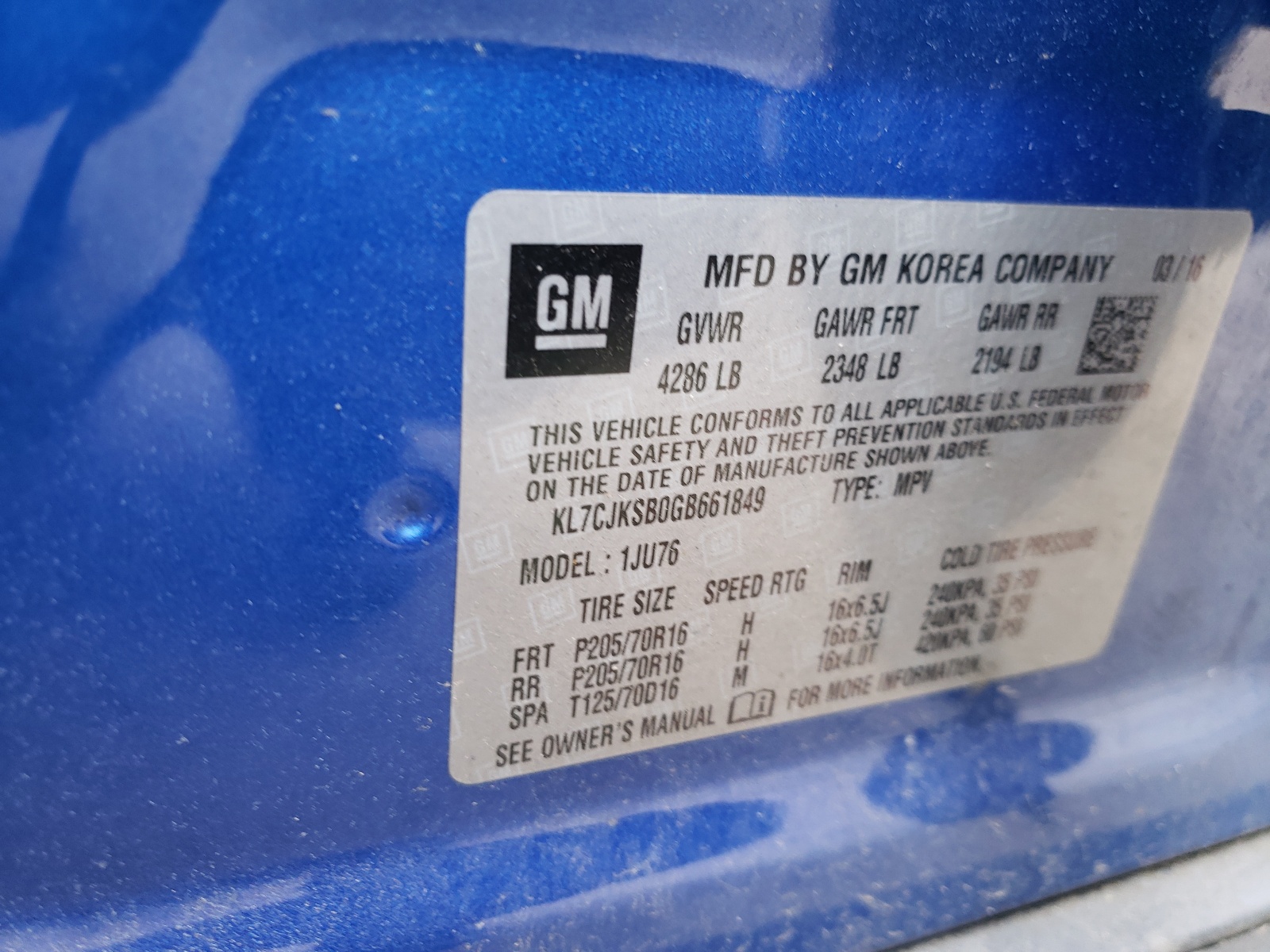 Photo 10 from auction – 2016 CHEVROLET TRAX LS with VIN KL7CJKSB0GB661849