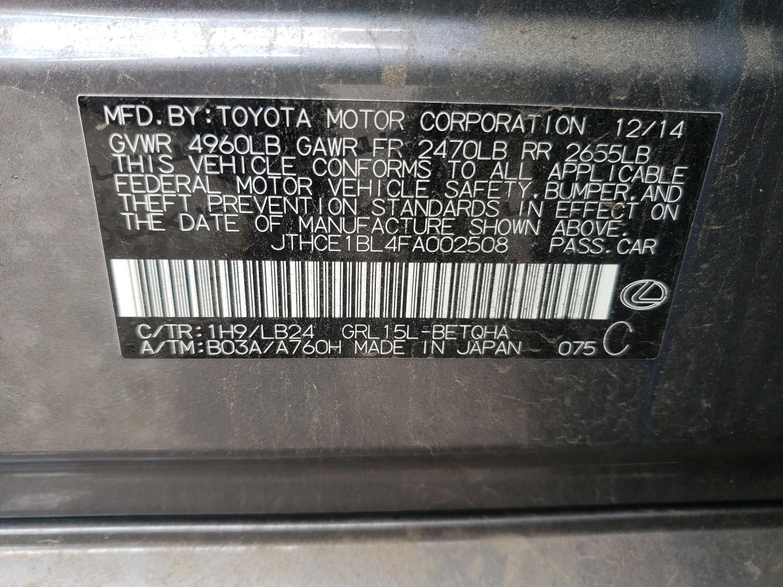Photo 10 from auction – 2015 LEXUS GS 350 with VIN JTHCE1BL4FA002508