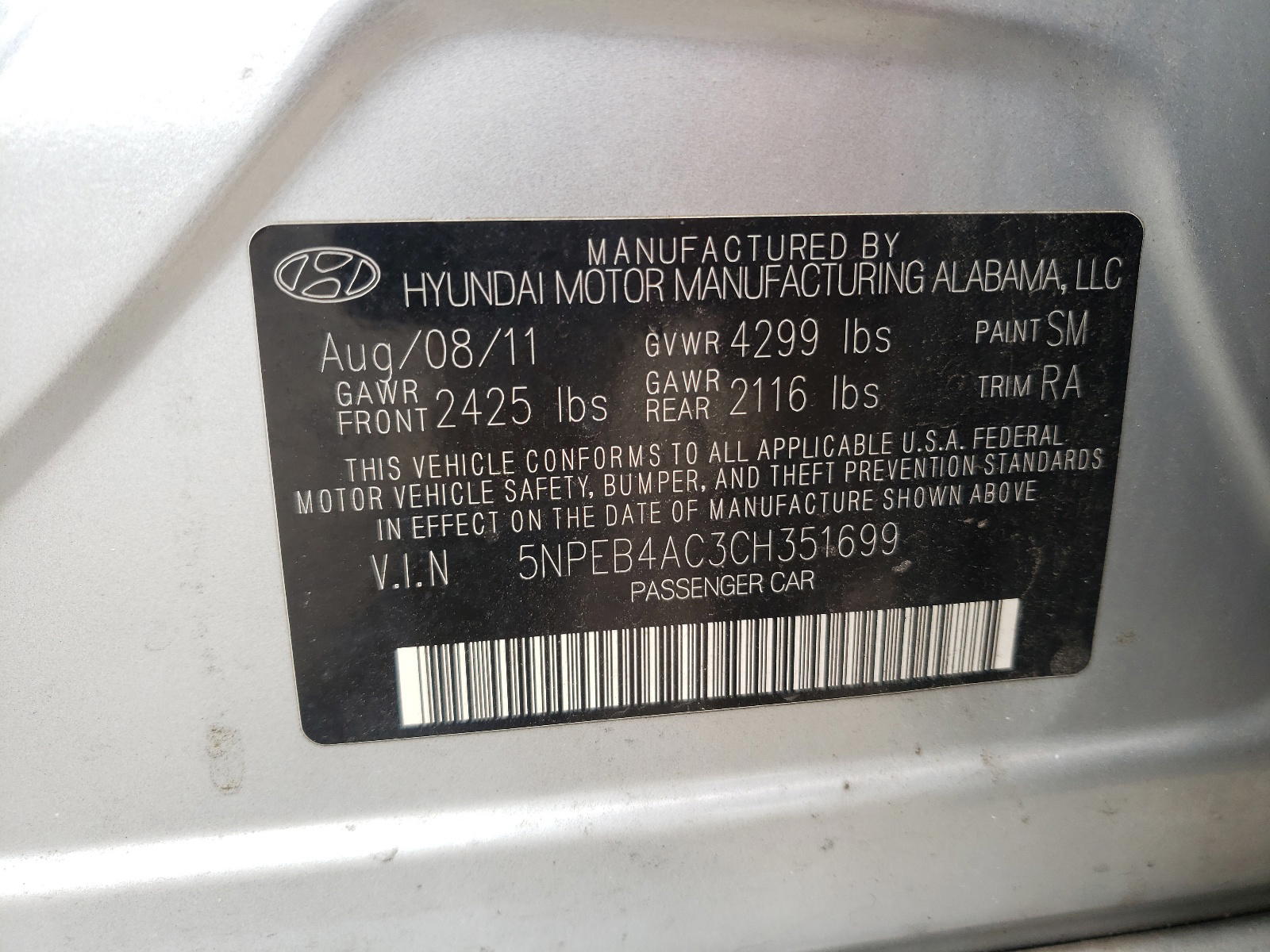 Photo 10 from auction – 2012 HYUNDAI SONATA GLS with VIN 5NPEB4AC3CH351699