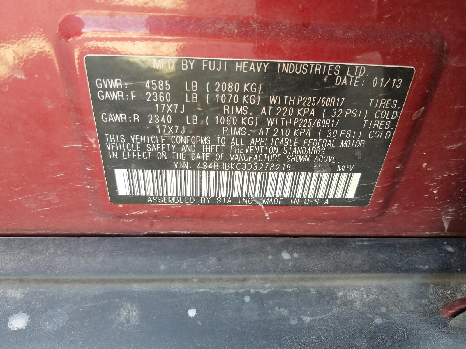 Photo 10 from auction – 2013 SUBARU OUTBACK 2. with VIN 4S4BRBKC9D3278218