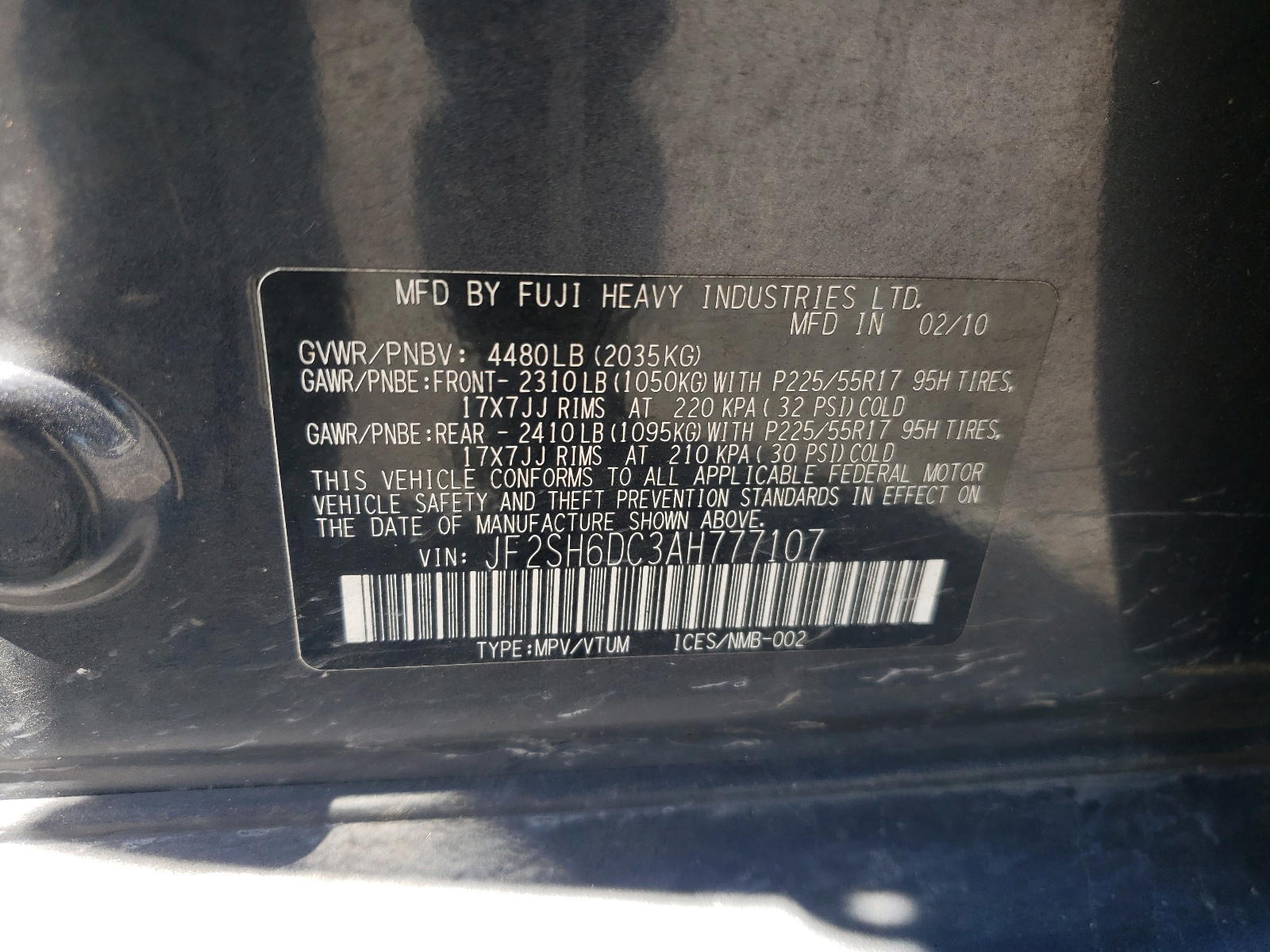 Photo 10 from auction – 2010 SUBARU FORESTER 2 with VIN JF2SH6DC3AH777107