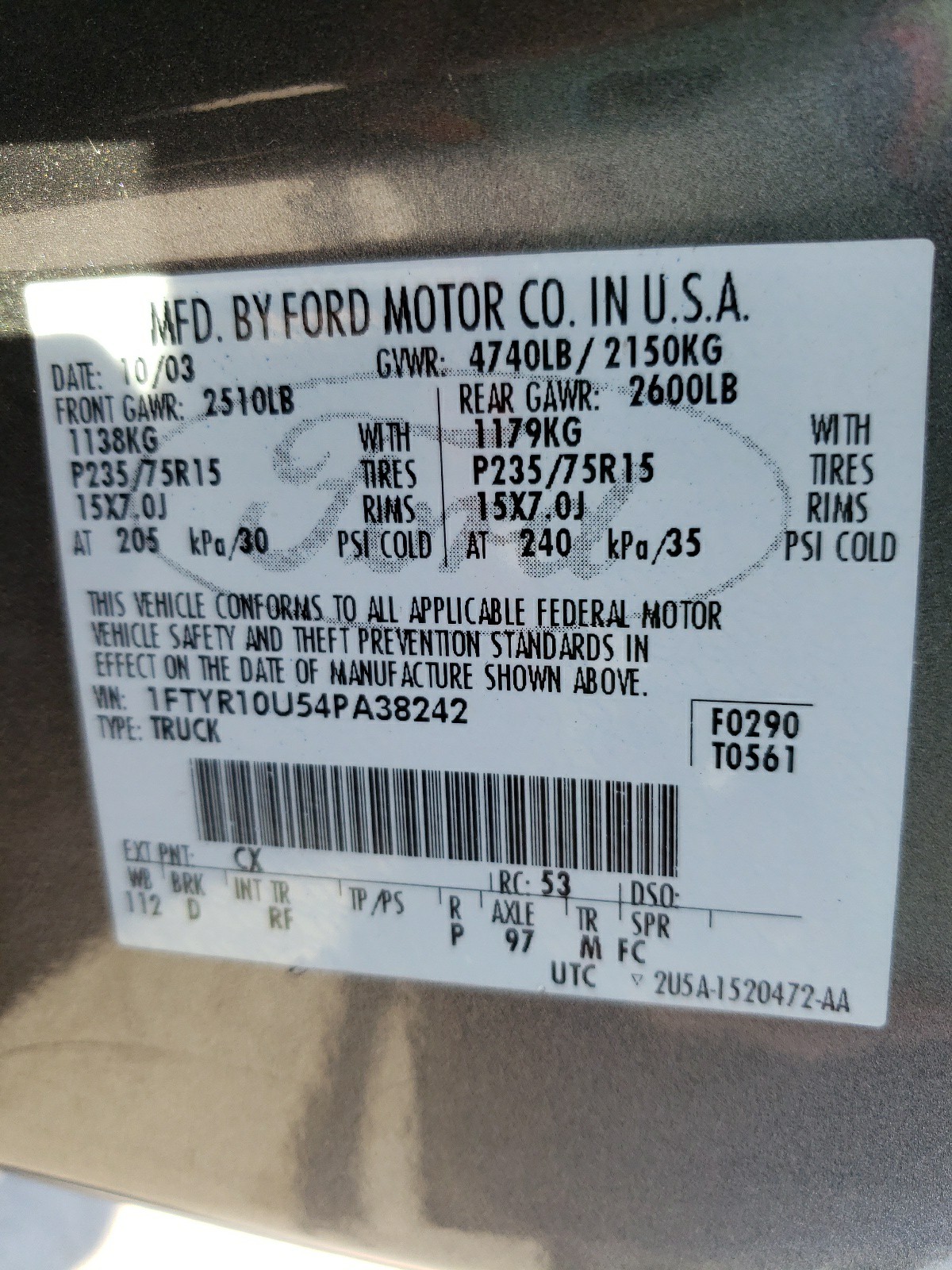 Photo 10 from auction – 2004 FORD RANGER with VIN 1FTYR10U54PA38242