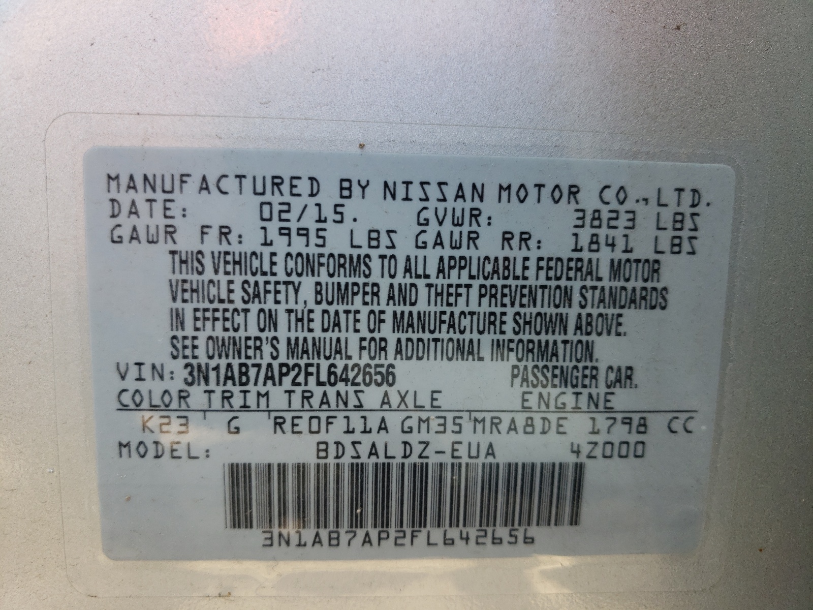 Photo 10 from auction – 2015 NISSAN SENTRA S with VIN 3N1AB7AP2FL642656