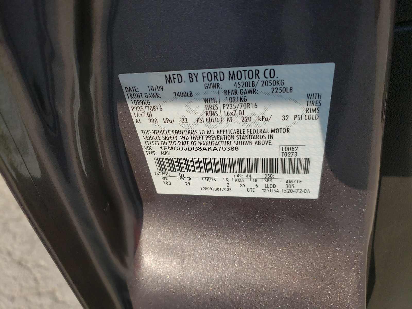 Photo 10 from auction – 2010 FORD ESCAPE XLT with VIN 1FMCU0DG8AKA70386