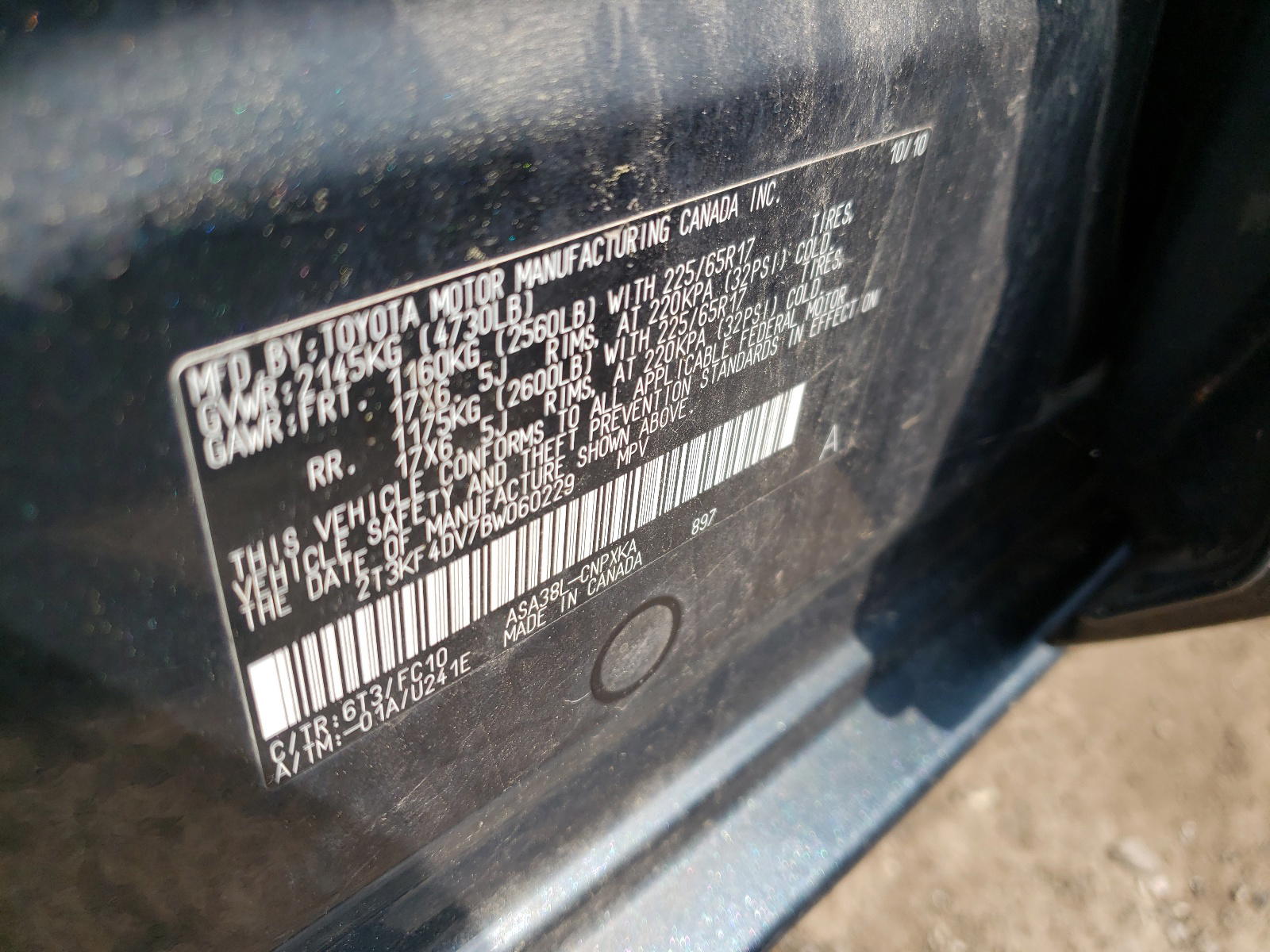 Photo 10 from auction – 2011 TOYOTA RAV4 with VIN 2T3KF4DV7BW060229