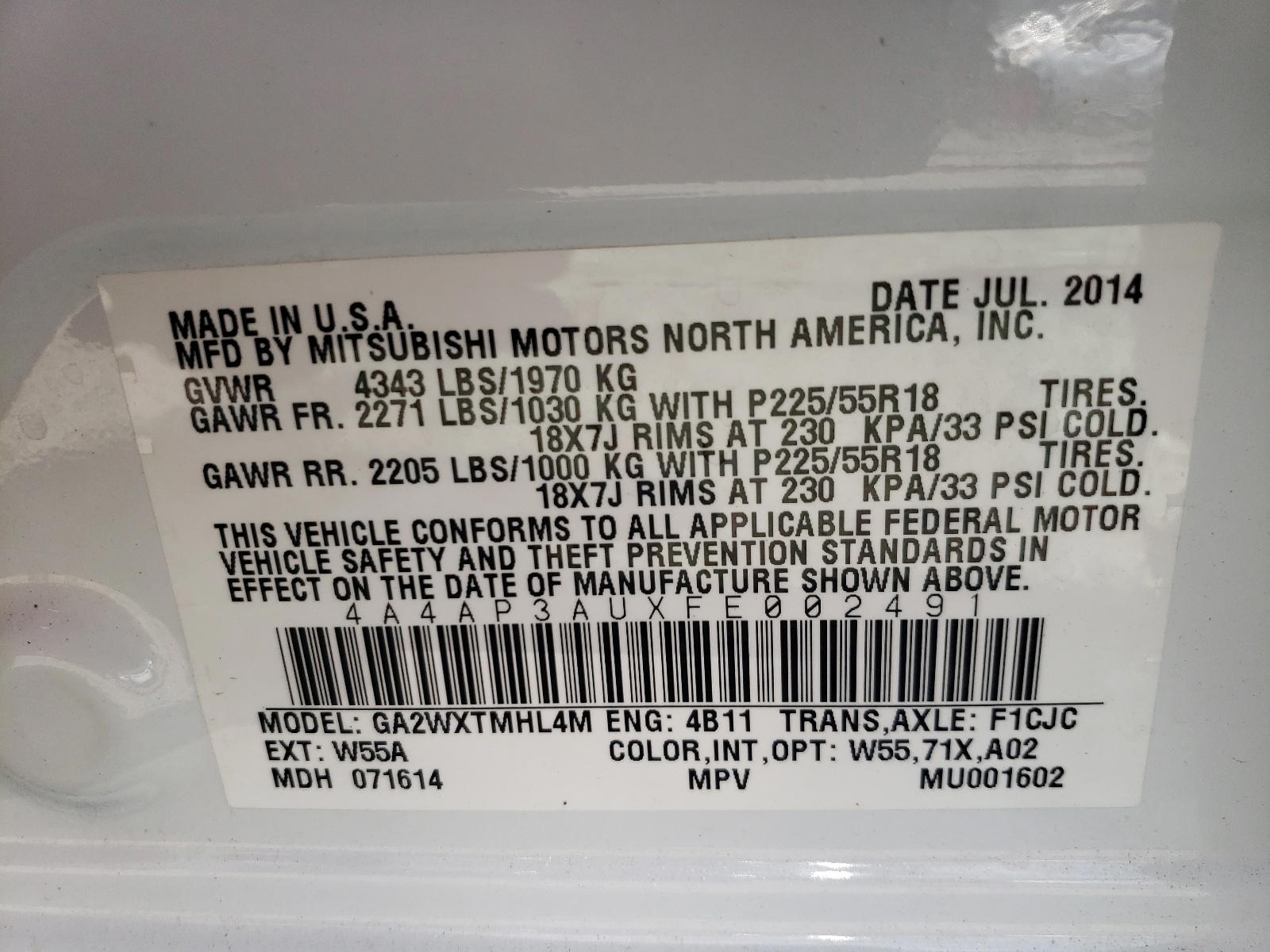 Photo 10 from auction – 2015 MITSUBISHI OUTLANDER with VIN 4A4AP3AUXFE002491