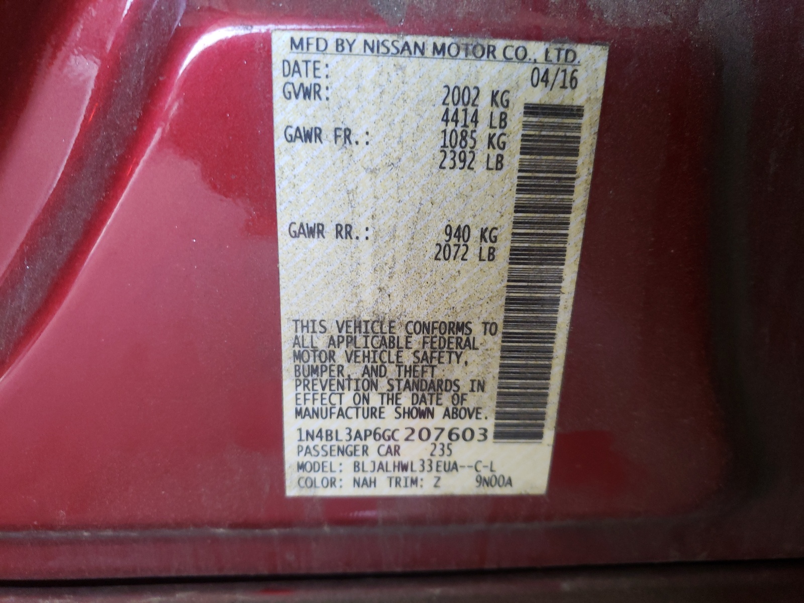 Photo 10 from auction – 2016 NISSAN ALTIMA 3.5 with VIN 1N4BL3AP6GC207603