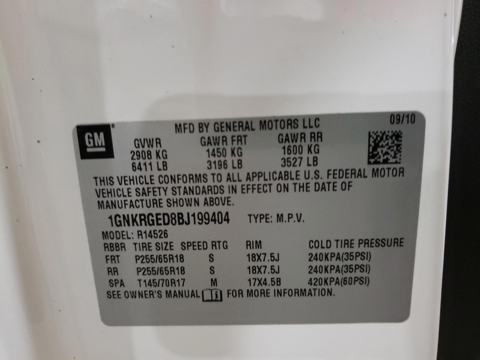 Photo 10 from auction – 2011 CHEVROLET TRAVERSE L with VIN 1GNKRGED8BJ199404