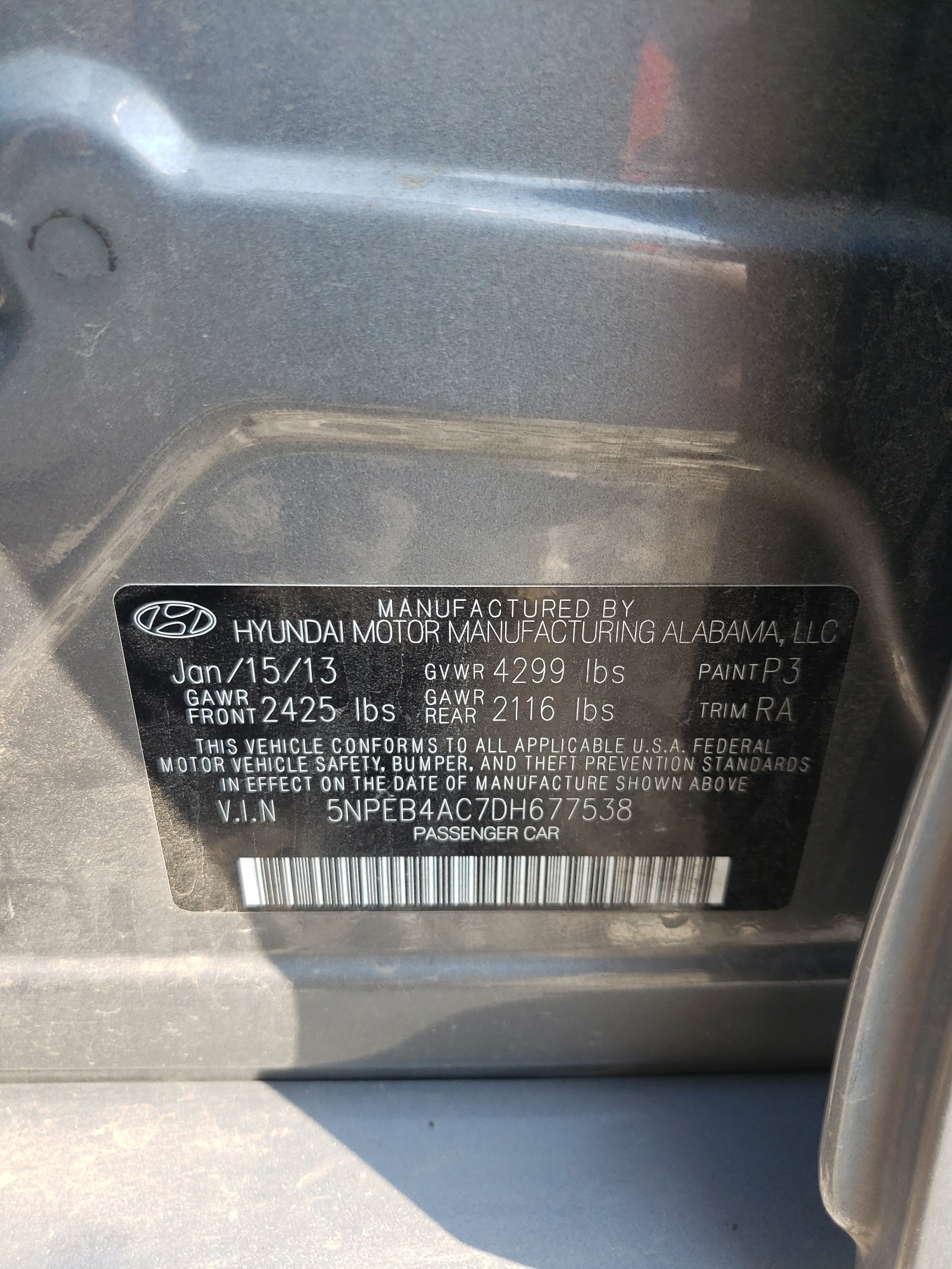 Photo 10 from auction – 2013 HYUNDAI SONATA GLS with VIN 5NPEB4AC7DH677538