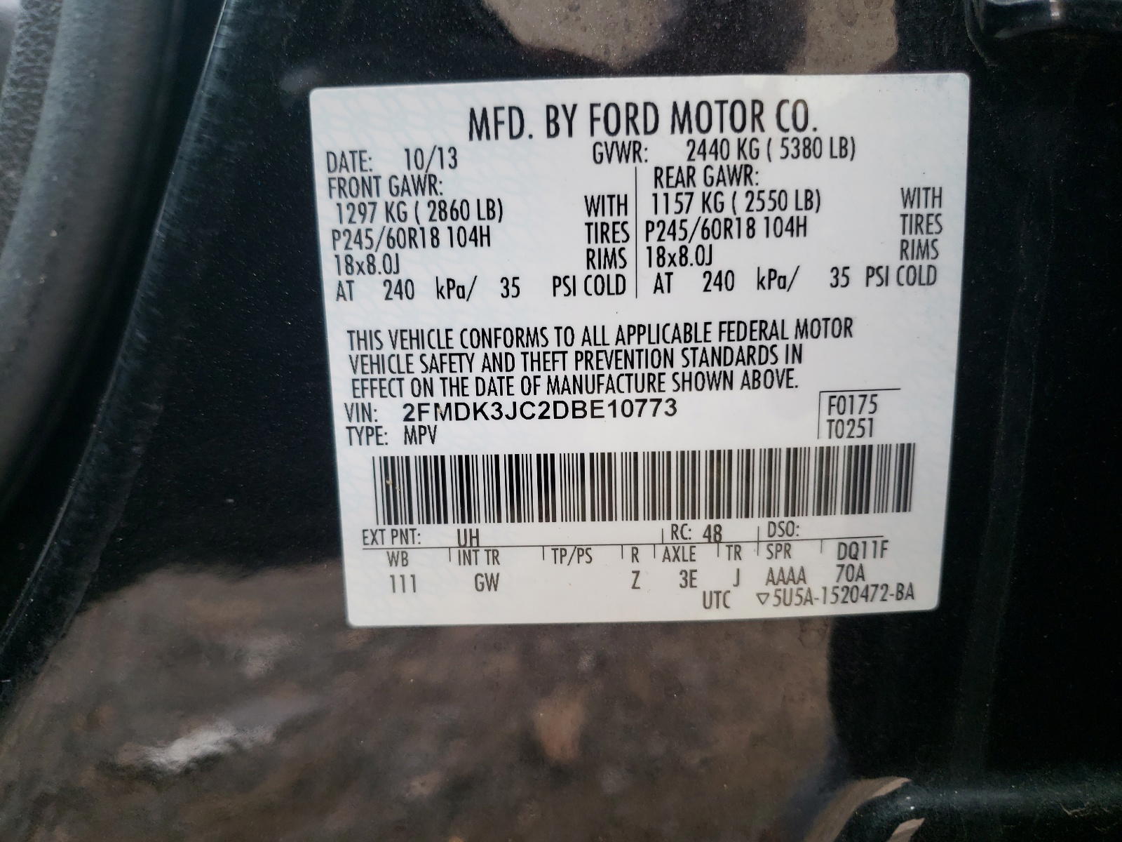 Photo 10 from auction – 2013 FORD EDGE SEL with VIN 2FMDK3JC2DBE10773