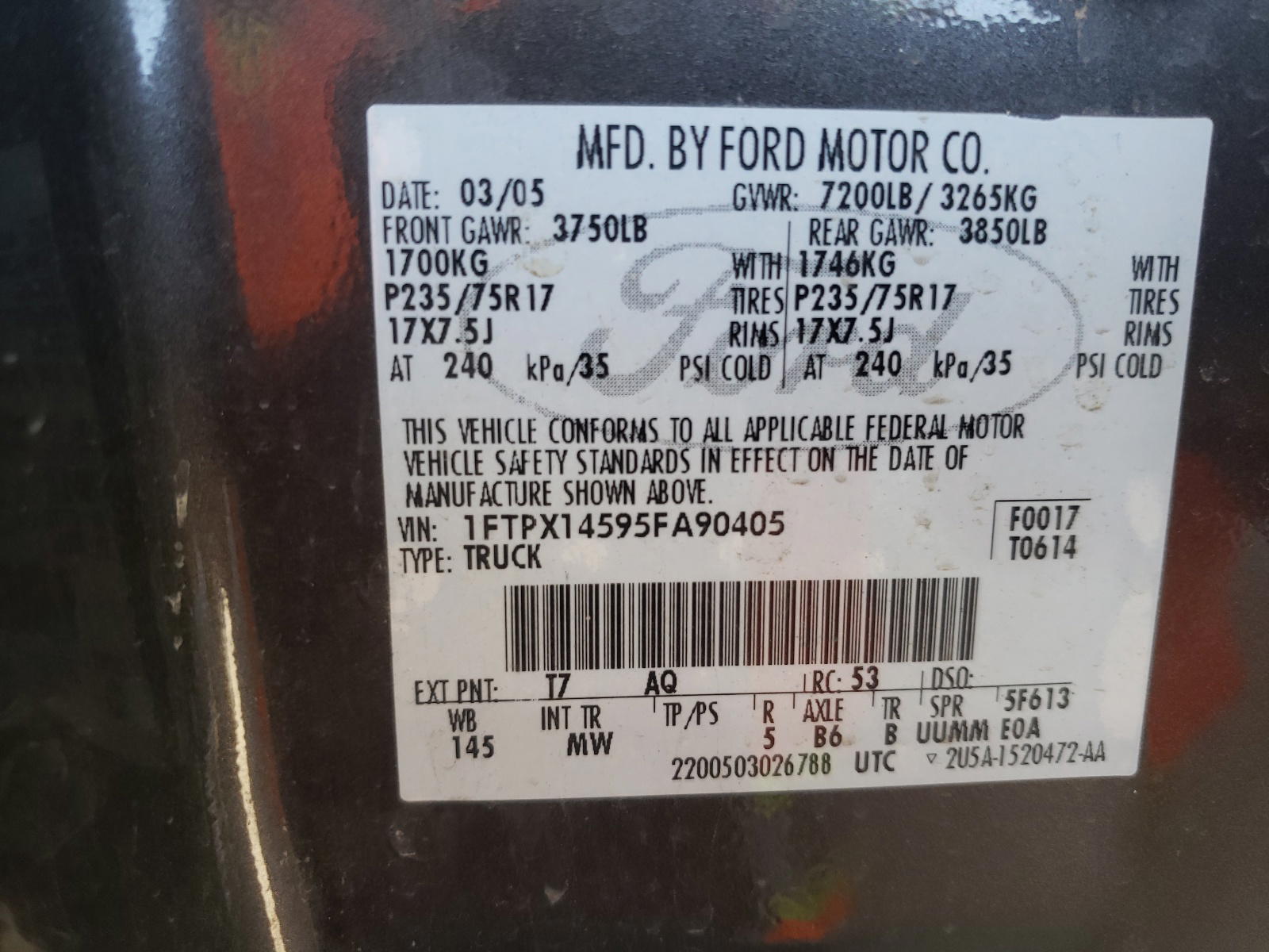 Photo 10 from auction – 2005 FORD F150 with VIN 1FTPX14595FA90405