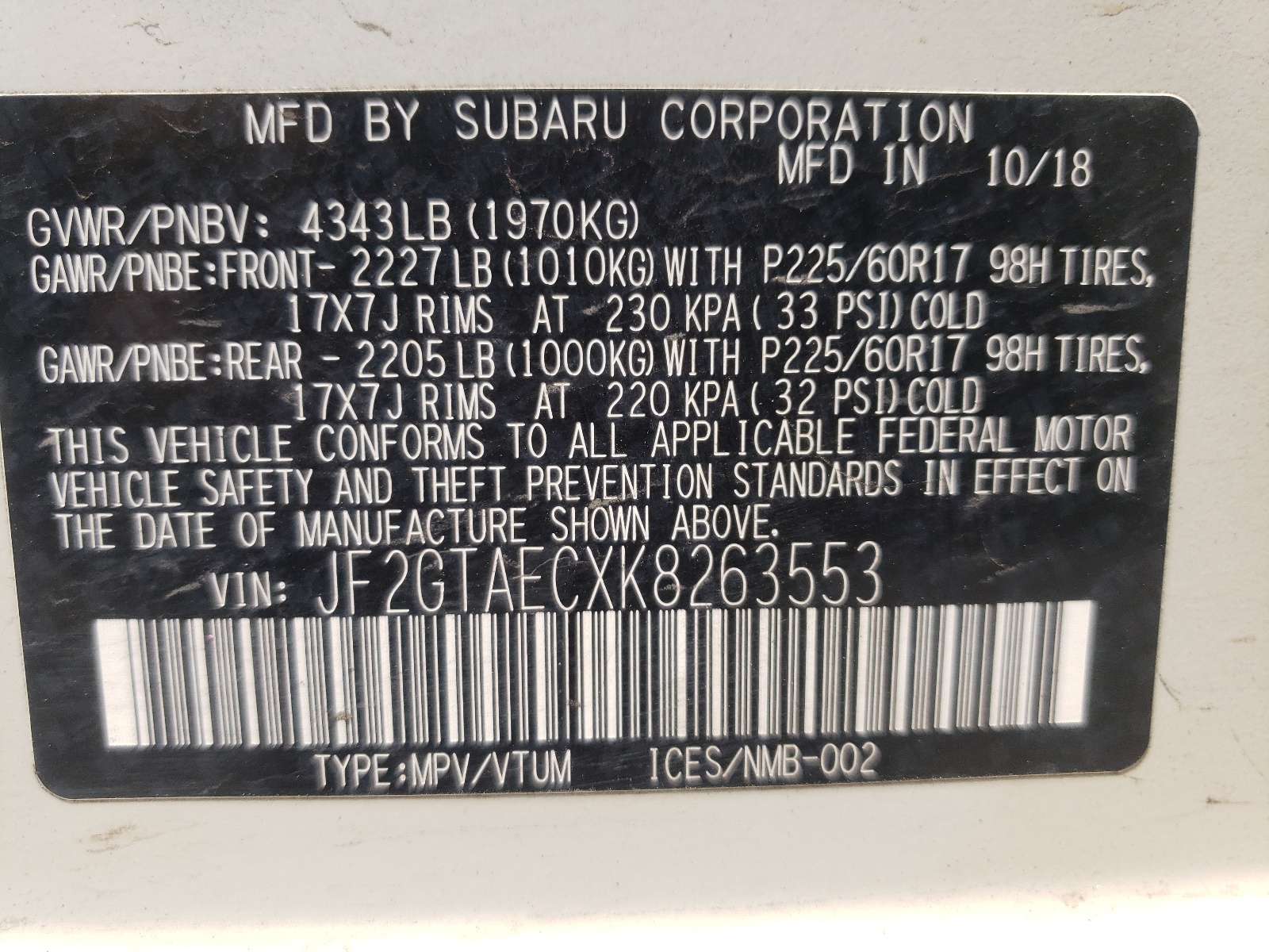 Photo 10 from auction – 2019 SUBARU CROSSTREK with VIN JF2GTAECXK8263553