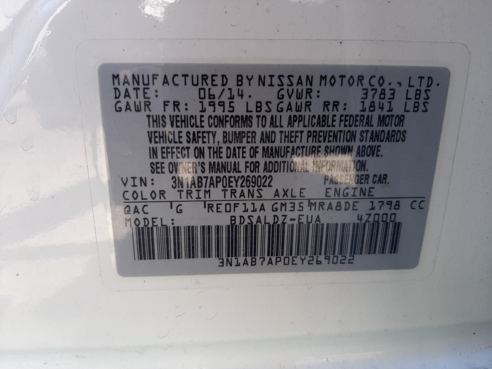Photo 10 from auction – 2014 NISSAN SENTRA S with VIN 3N1AB7AP0EY269022