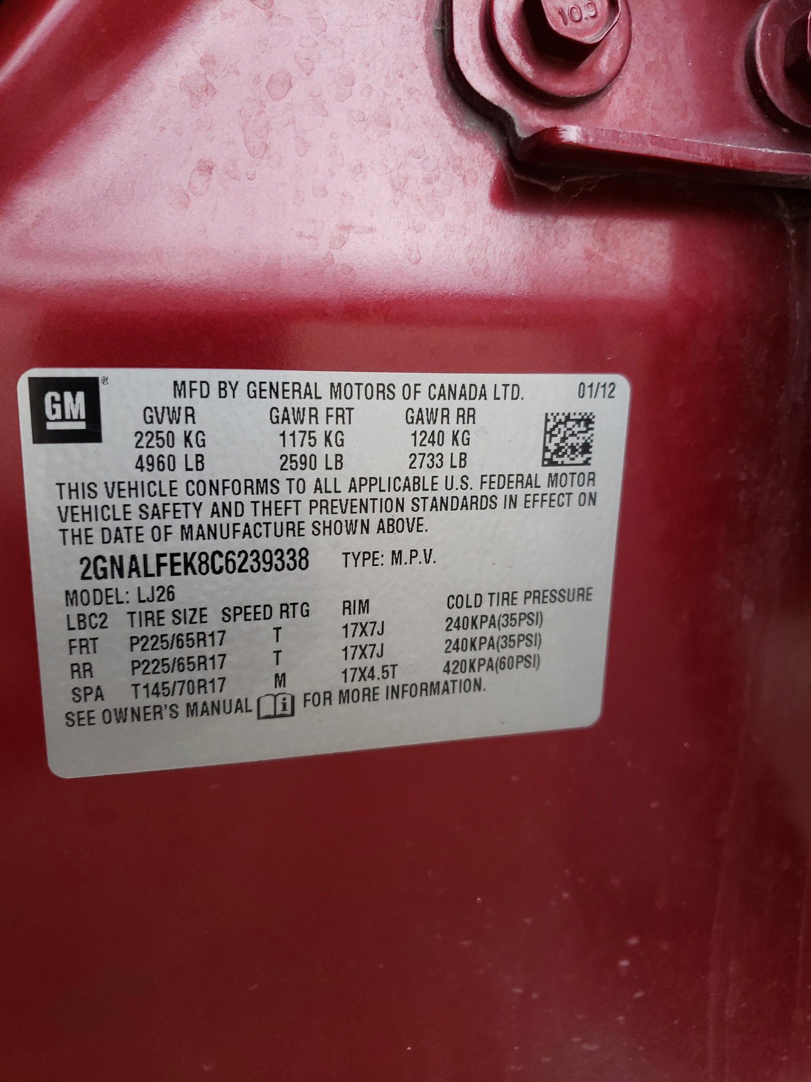 Photo 10 from auction – 2012 CHEVROLET EQUINOX LT with VIN 2GNALFEK8C6239338