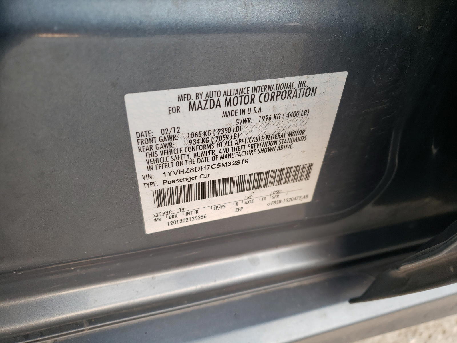 Photo 10 from auction – 2012 MAZDA 6 I with VIN 1YVHZ8DH7C5M32819
