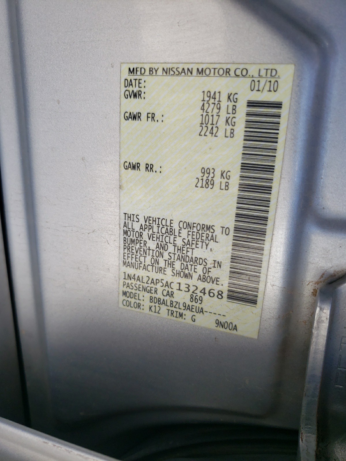 Photo 10 from auction – 2010 NISSAN ALTIMA BAS with VIN 1N4AL2AP5AC132468
