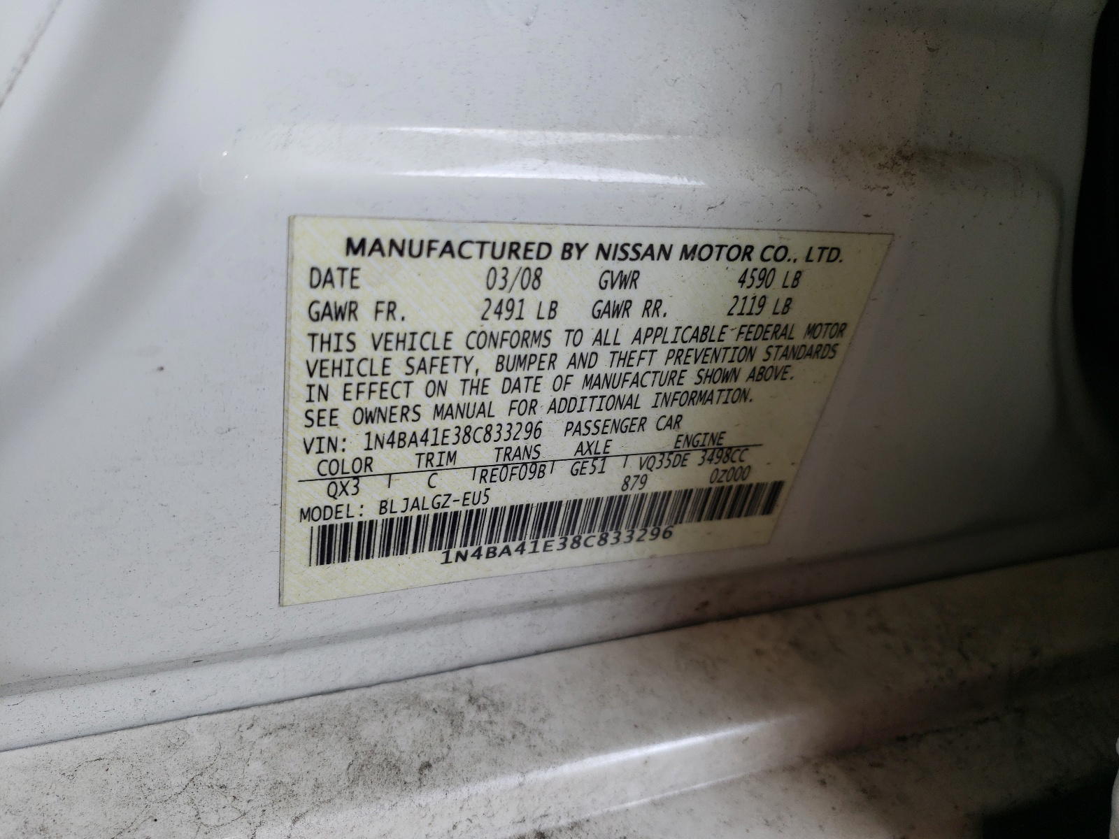 Photo 10 from auction – 2008 NISSAN MAXIMA SE with VIN 1N4BA41E38C833296