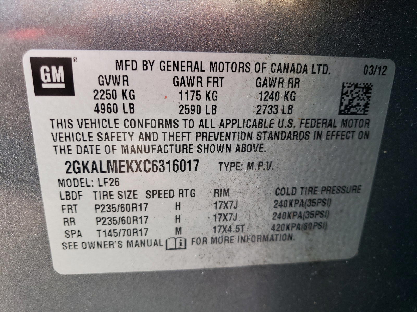 Photo 10 from auction – 2012 GMC TERRAIN SL with VIN 2GKALMEKXC6316017