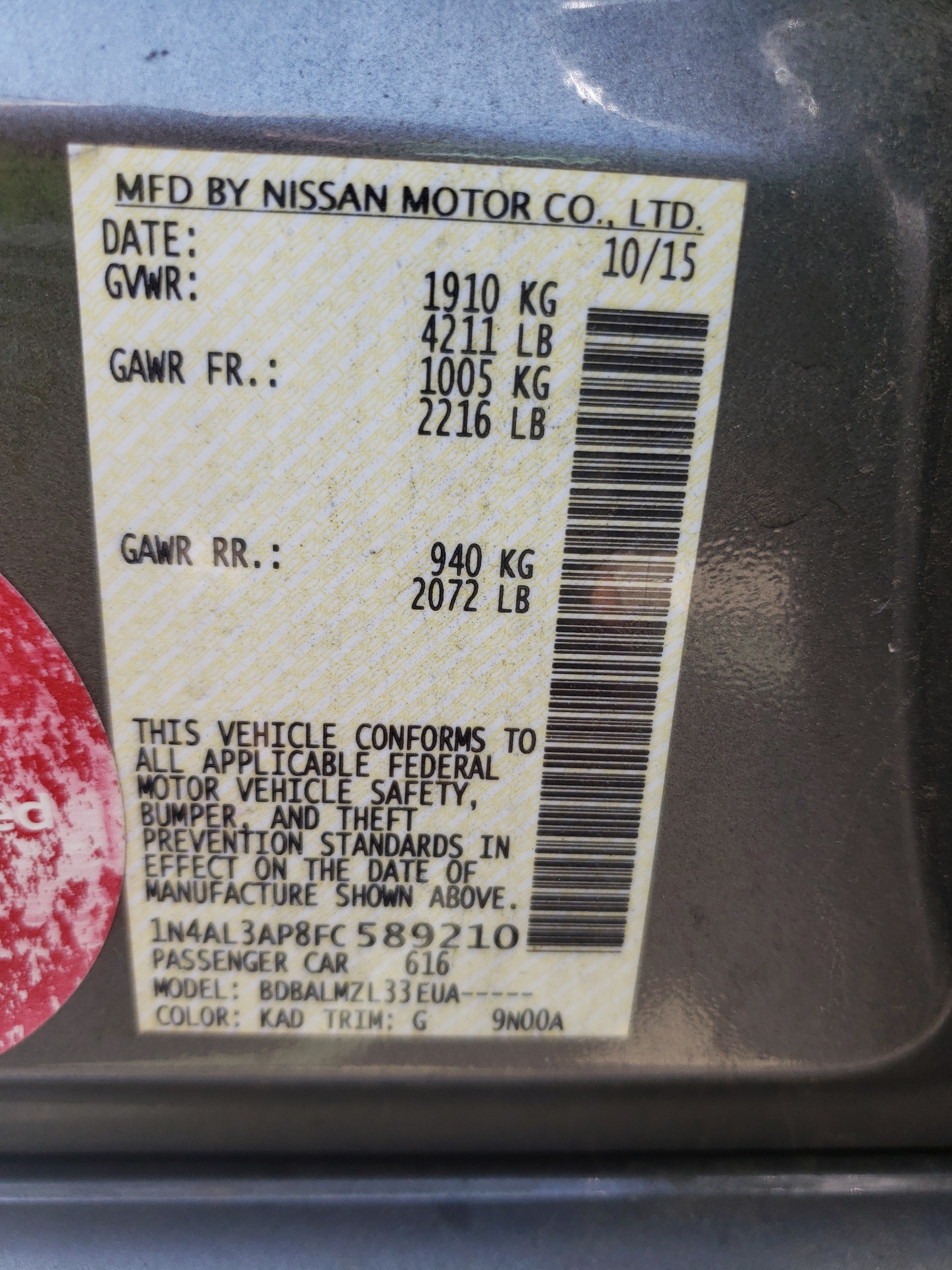 Photo 10 from auction – 2015 NISSAN ALTIMA 2.5 with VIN 1N4AL3AP8FC589210