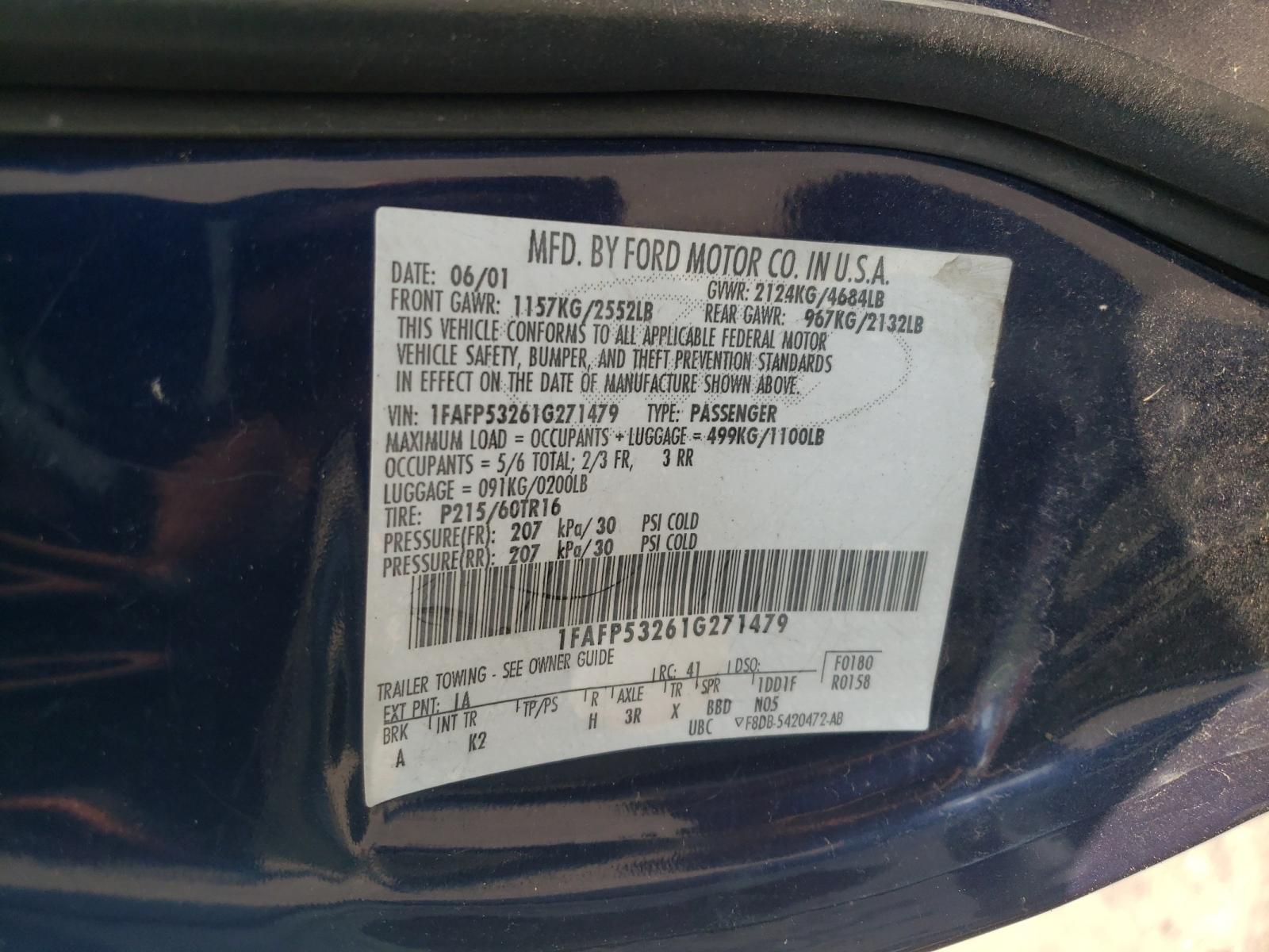 Photo 10 from auction – 2001 FORD TAURUS SE with VIN 1FAFP53261G271479