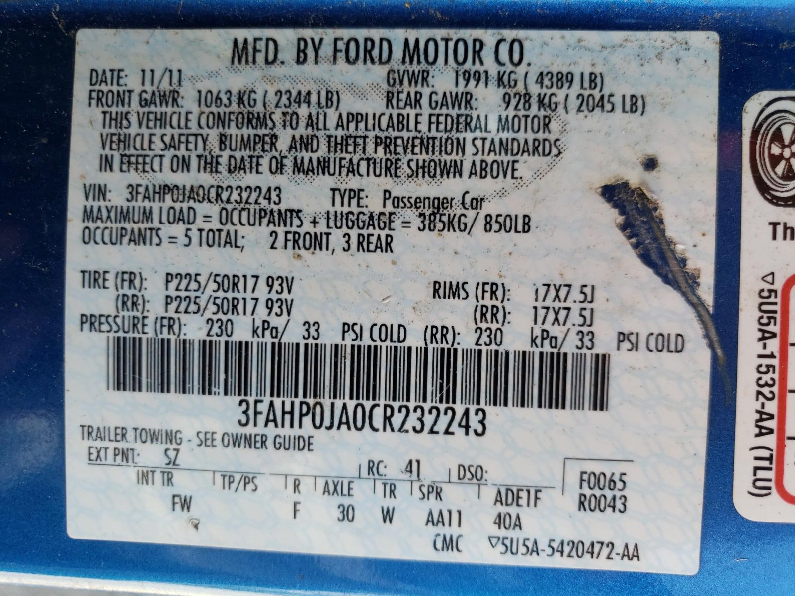 Photo 10 from auction – 2012 FORD FUSION SEL with VIN 3FAHP0JA0CR232243