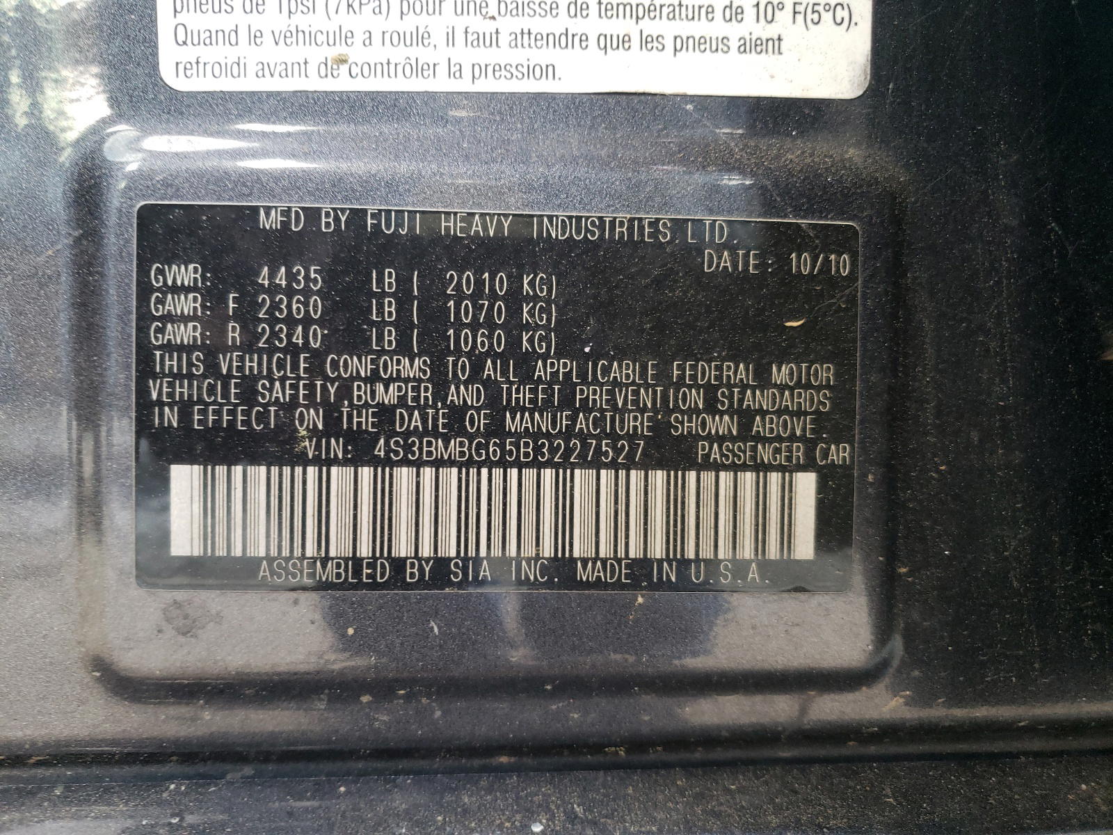 Photo 10 from auction – 2011 SUBARU LEGACY 2.5 with VIN 4S3BMBG65B3227527