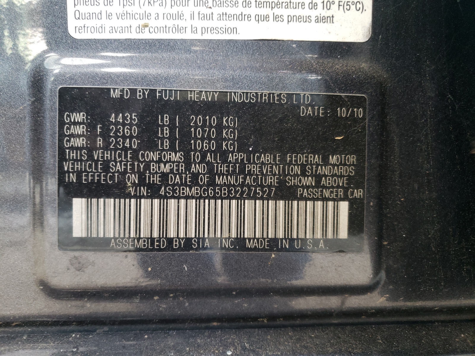 Foto 10 de la subasta – 2011 SUBARU LEGACY 2.5 con VIN 4S3BMBG65B3227527
