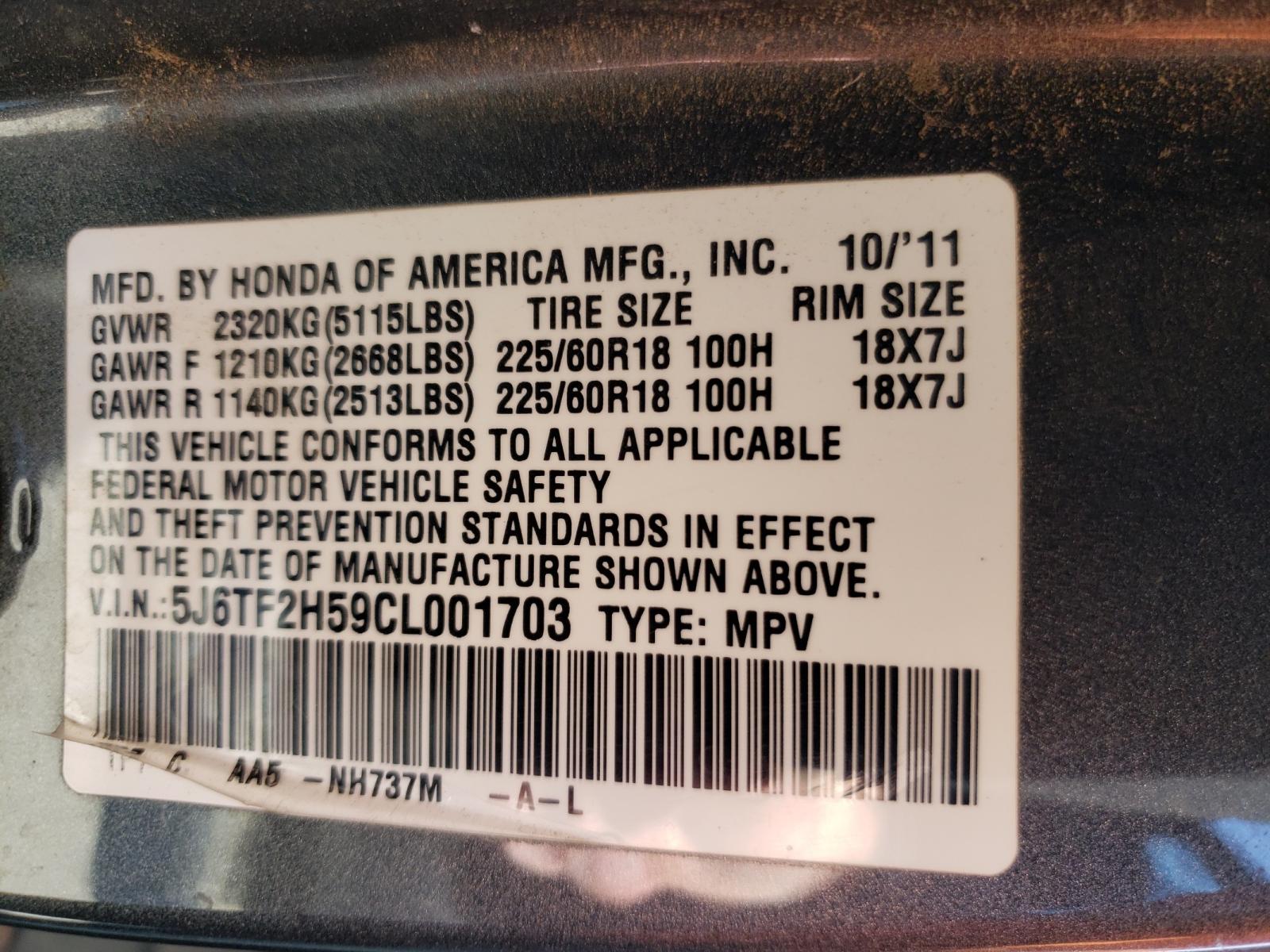 Photo 10 from auction – 2012 HONDA CROSSTOUR with VIN 5J6TF2H59CL001703