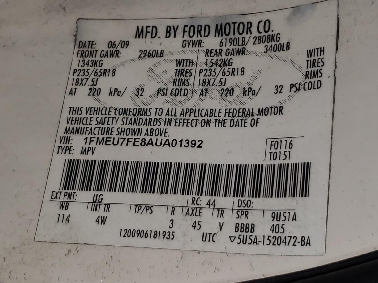 Photo 10 from auction – 2010 FORD EXPLORER L with VIN 1FMEU7FE8AUA01392
