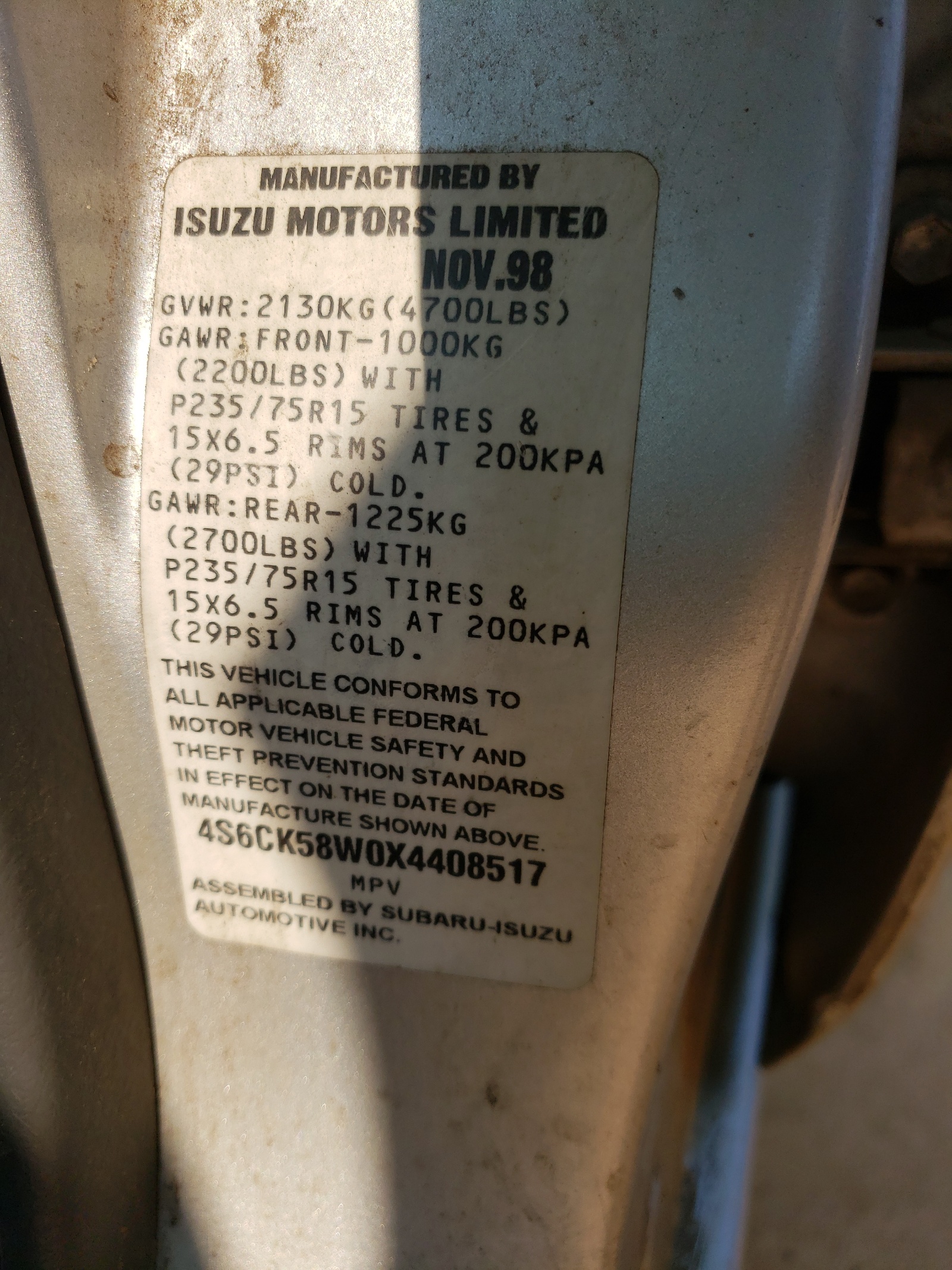 Photo 10 from auction – 1999 HONDA PASSPORT E with VIN 4S6CK58W0X4408517