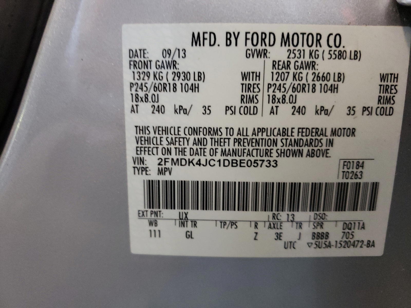Photo 10 from auction – 2013 FORD EDGE SEL with VIN 2FMDK4JC1DBE05733