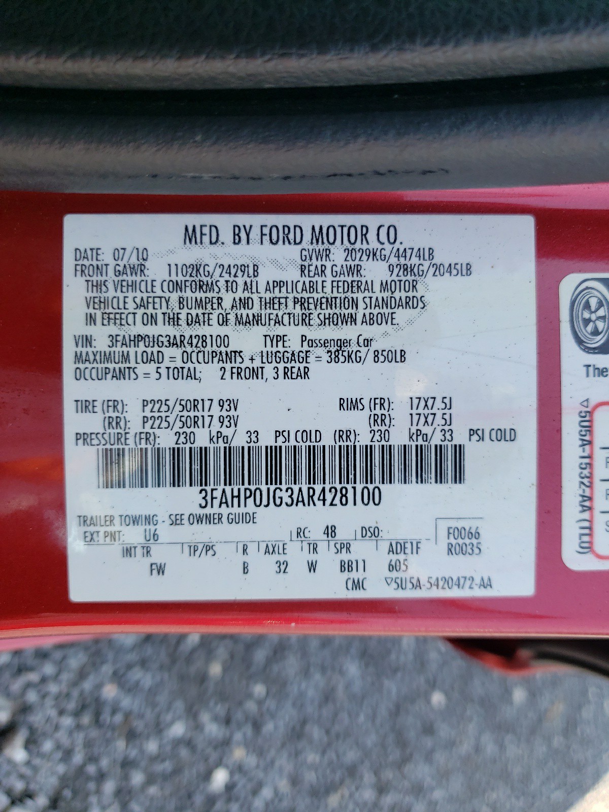 Photo 10 from auction – 2010 FORD FUSION SEL with VIN 3FAHP0JG3AR428100