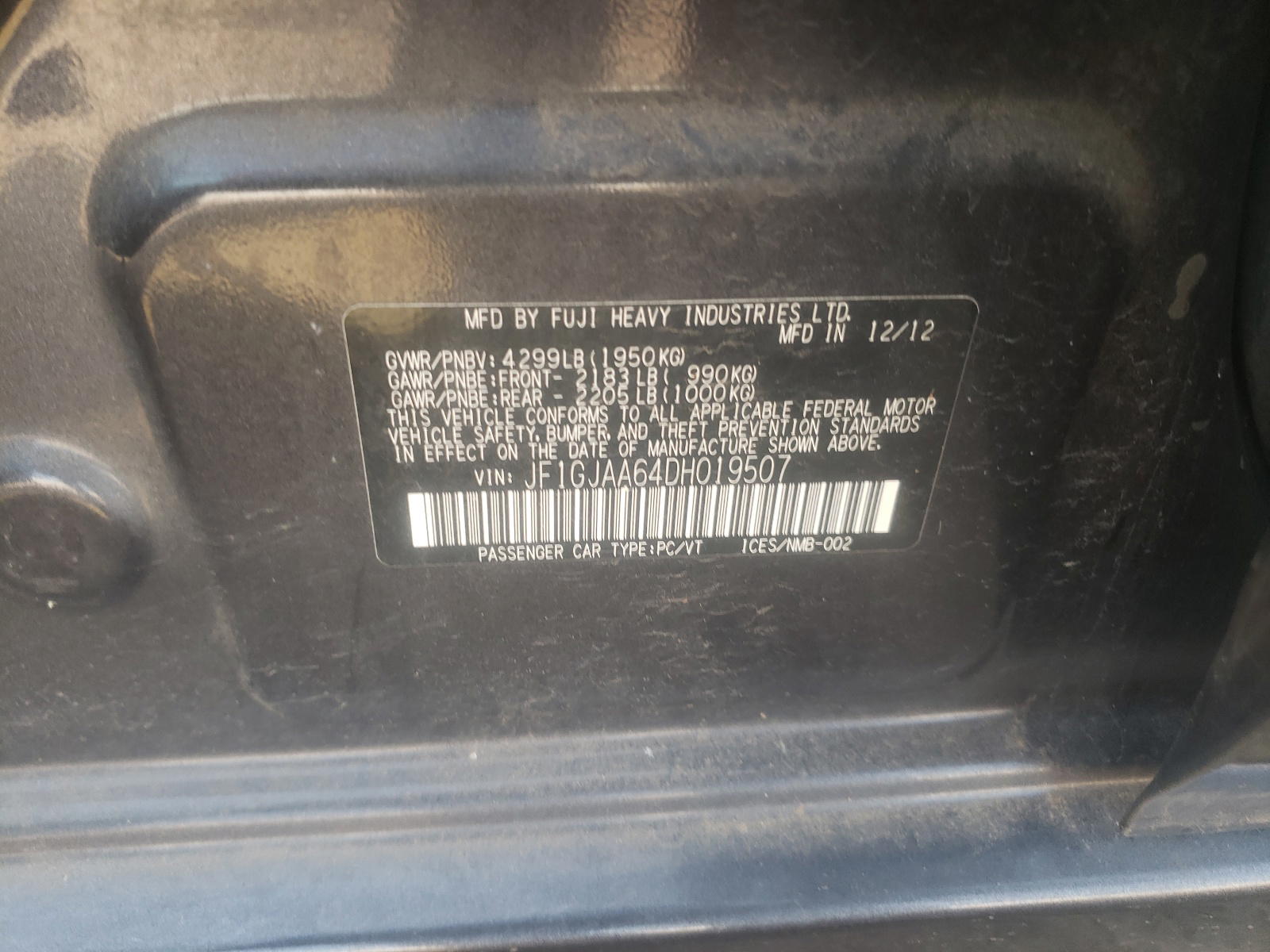 Photo 10 from auction – 2013 SUBARU IMPREZA with VIN JF1GJAA64DH019507