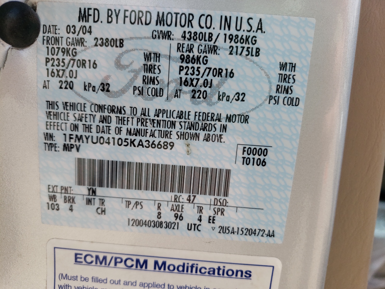Photo 10 from auction – 2005 FORD ESCAPE LIM with VIN 1FMYU04105KA36689